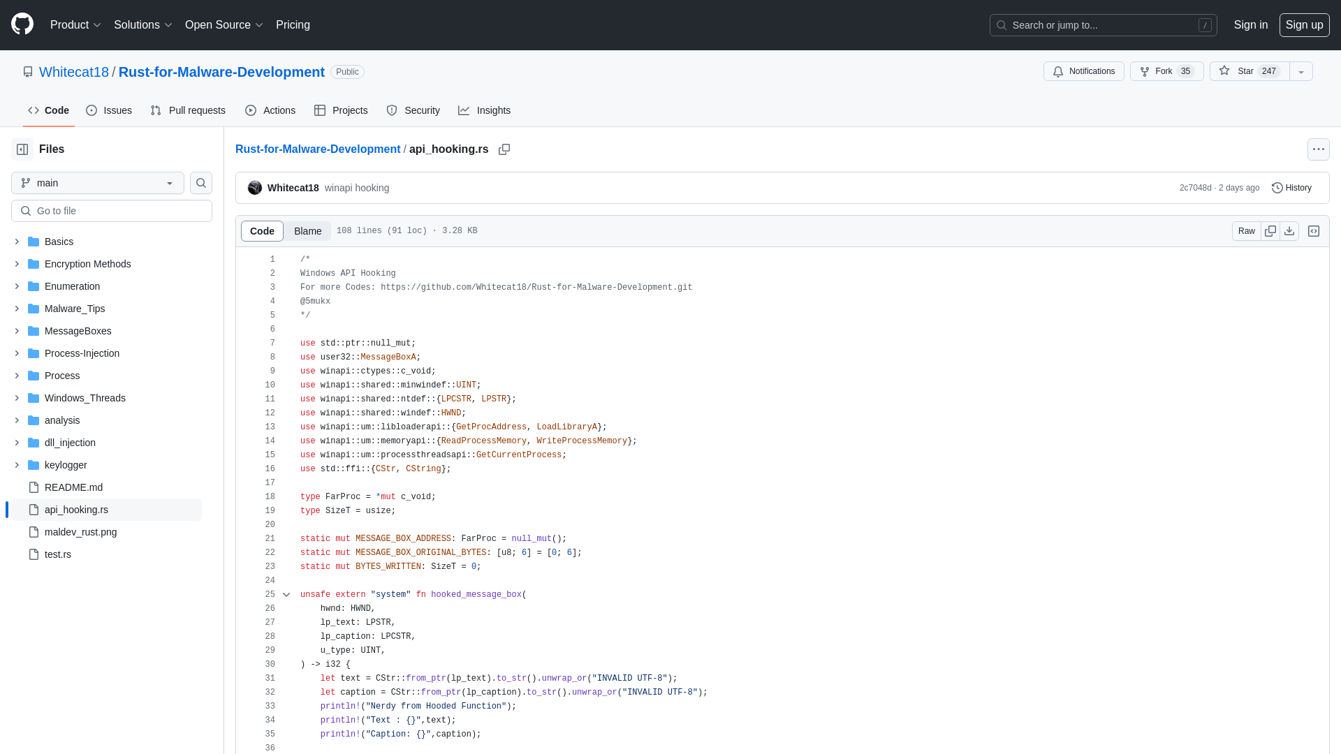 Rust-for-Malware-Development/api_hooking.rs at main · Whitecat18/Rust-for-Malware-Development · GitHub