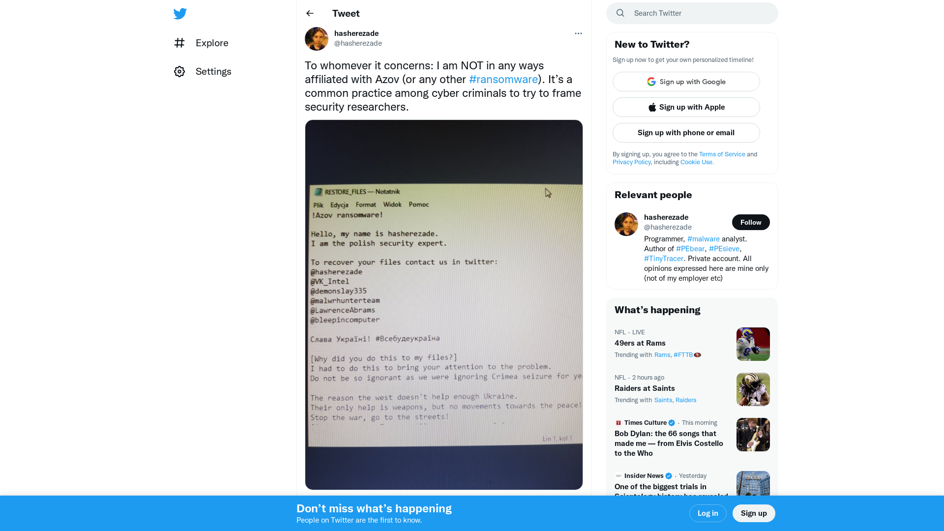 hasherezade on Twitter: "To whomever it concerns: I am NOT in any ways affiliated with Azov (or any other #ransomware). It’s a common practice among cyber criminals to try to frame security researchers. https://t.co/zvlwWvroaD" / Twitter