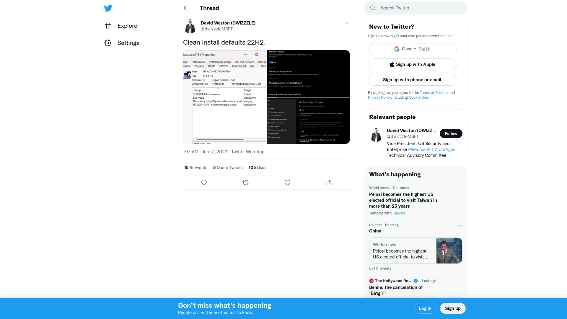 David Weston (DWIZZZLE) on Twitter: "Clean install defaults 22H2. https://t.co/JJ5EAaZ4eN" / Twitter