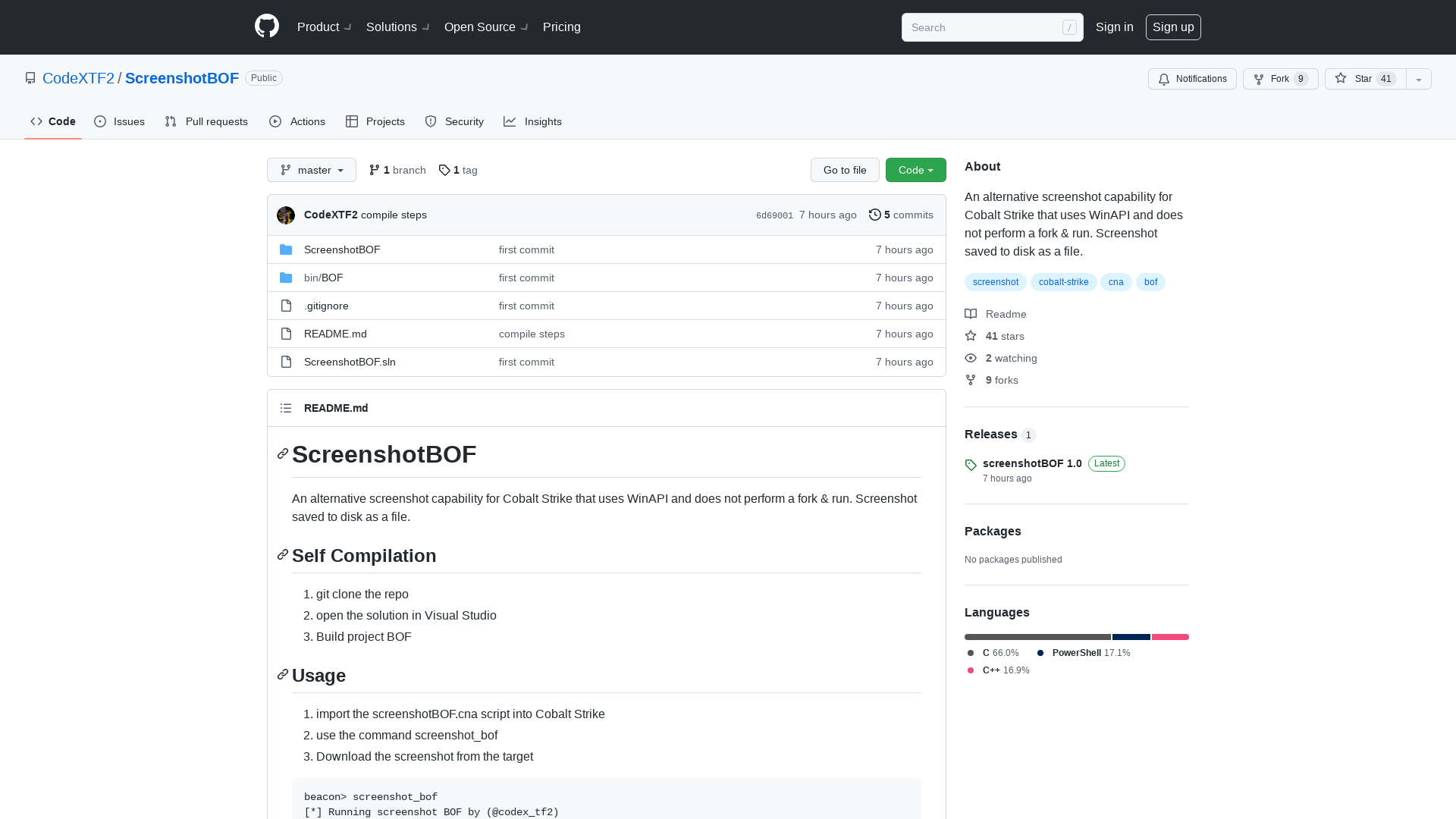 GitHub - CodeXTF2/ScreenshotBOF: An alternative screenshot capability for Cobalt Strike that uses WinAPI and does not perform a fork & run. Screenshot saved to disk as a file.