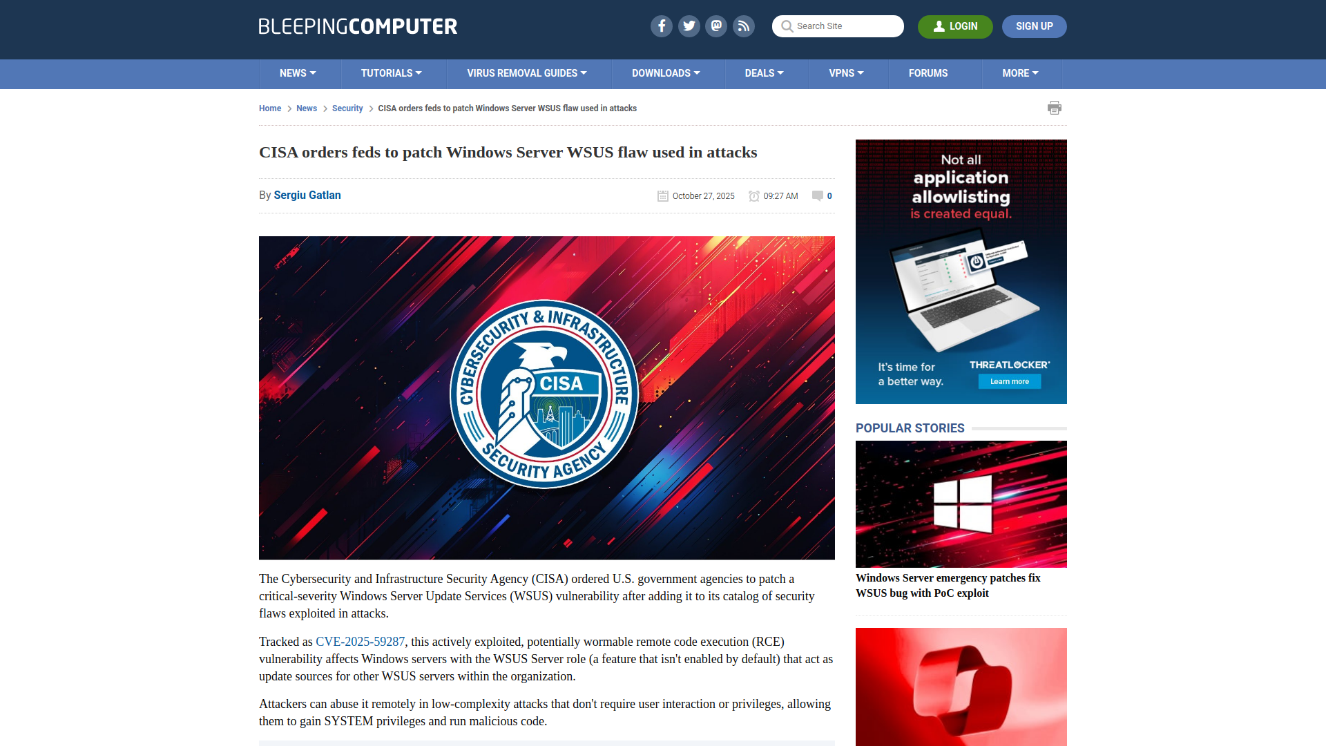 CISA orders feds to patch Windows Server WSUS flaw used in attacks