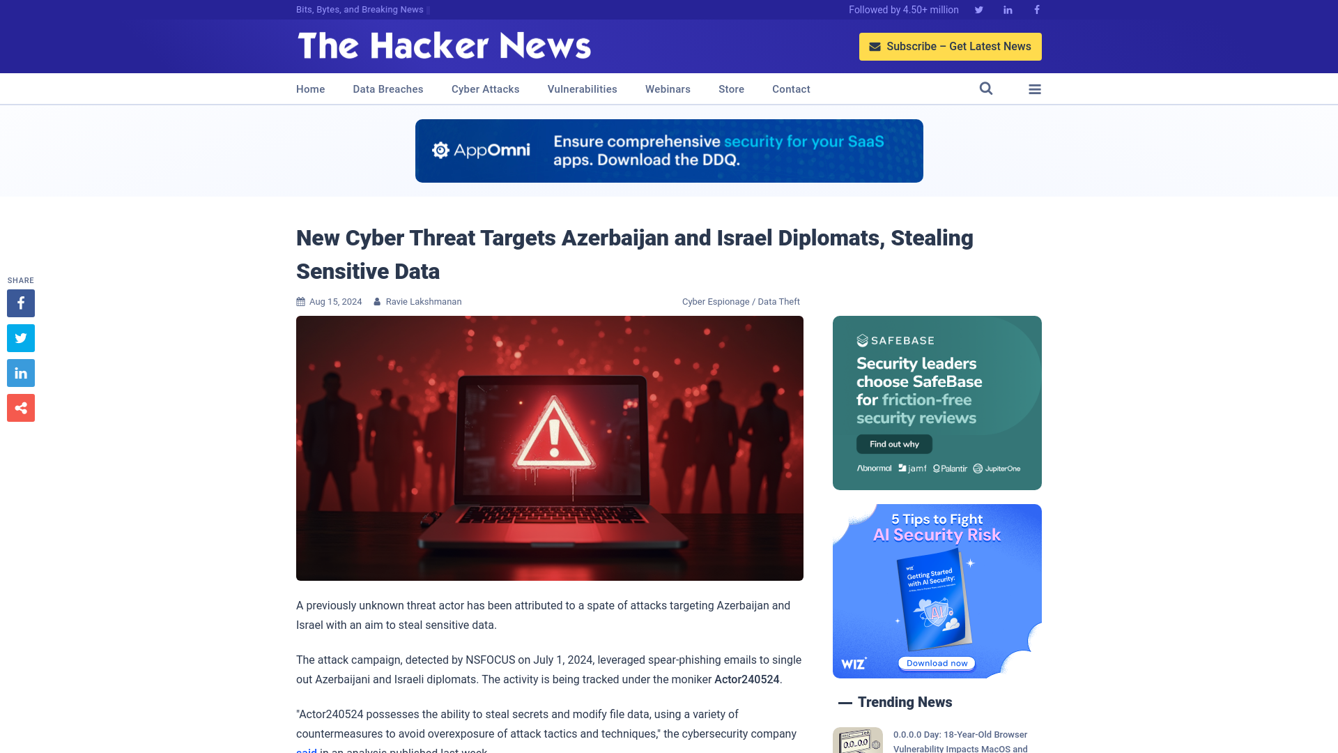 New Cyber Threat Targets Azerbaijan and Israel Diplomats, Stealing Sensitive Data