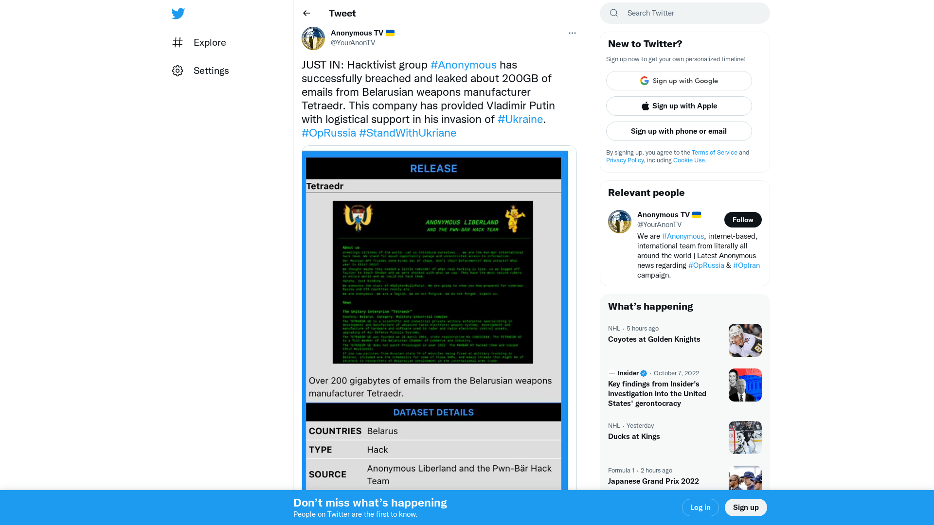 Anonymous TV 🇺🇦 on Twitter: "JUST IN: Hacktivist group #Anonymous has successfully breached and leaked about 200GB of emails from Belarusian weapons manufacturer Tetraedr. This company has provided Vladimir Putin with logistical support in his invasion of #Ukraine. #OpRussia #StandWithUkriane https://t.co/3MhSbrggbh" / Twitter