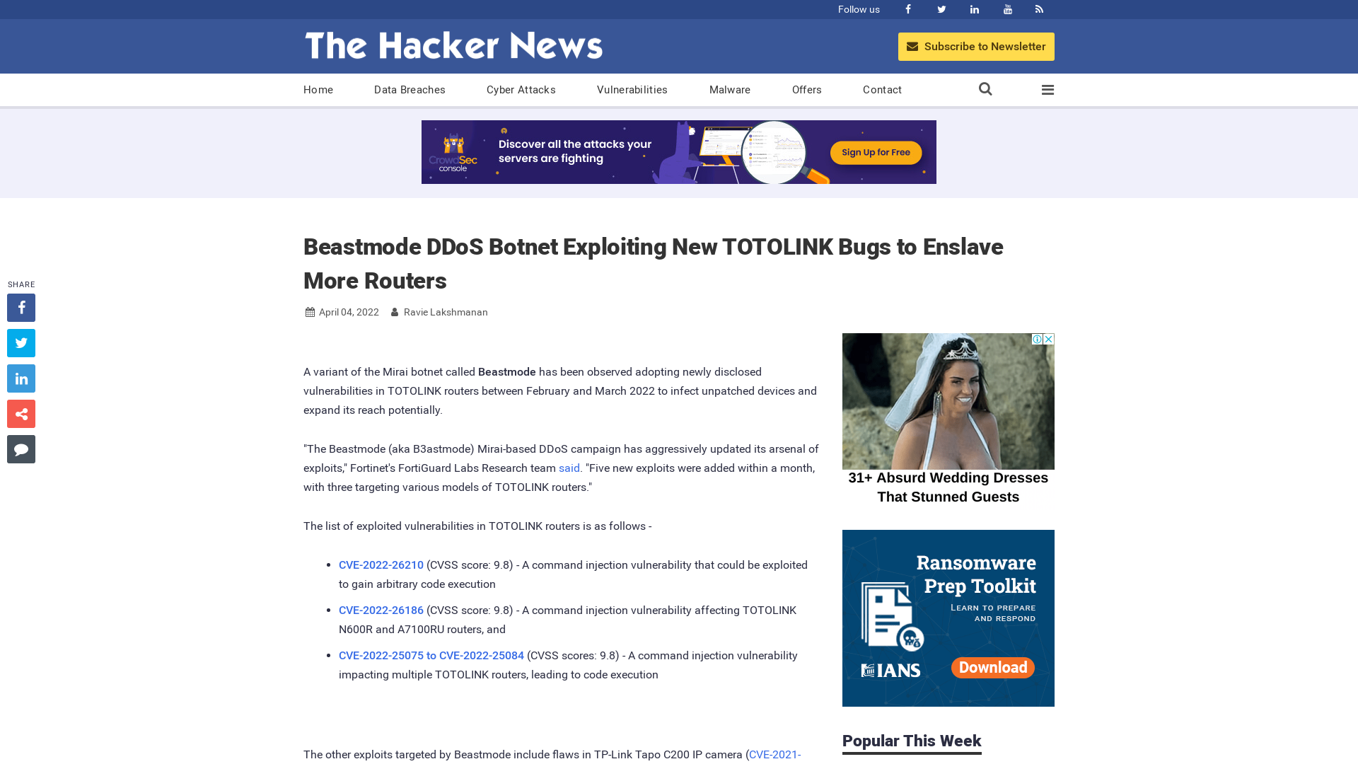 Beastmode DDoS Botnet Exploiting New TOTOLINK Bugs to Enslave More Routers