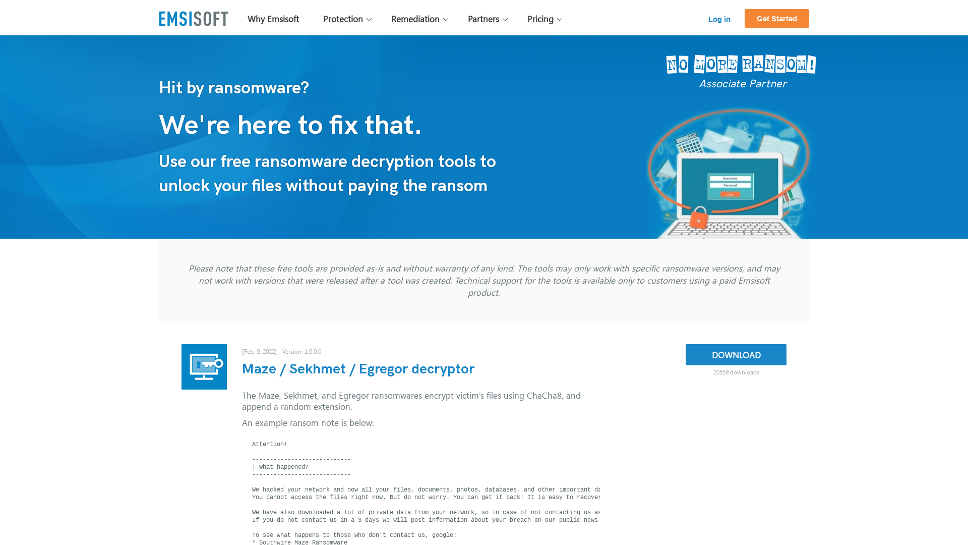 Maze / Sekhmet / Egregor decryptor - Emsisoft: Free Ransomware Decryption Tools