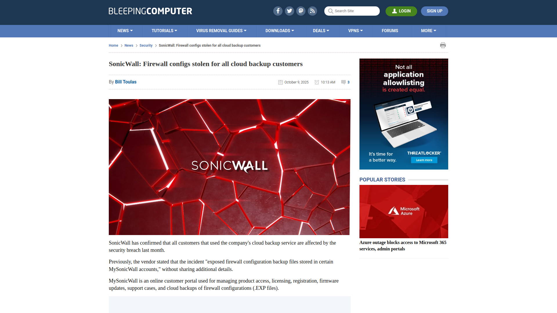 SonicWall: Firewall configs stolen for all cloud backup customers