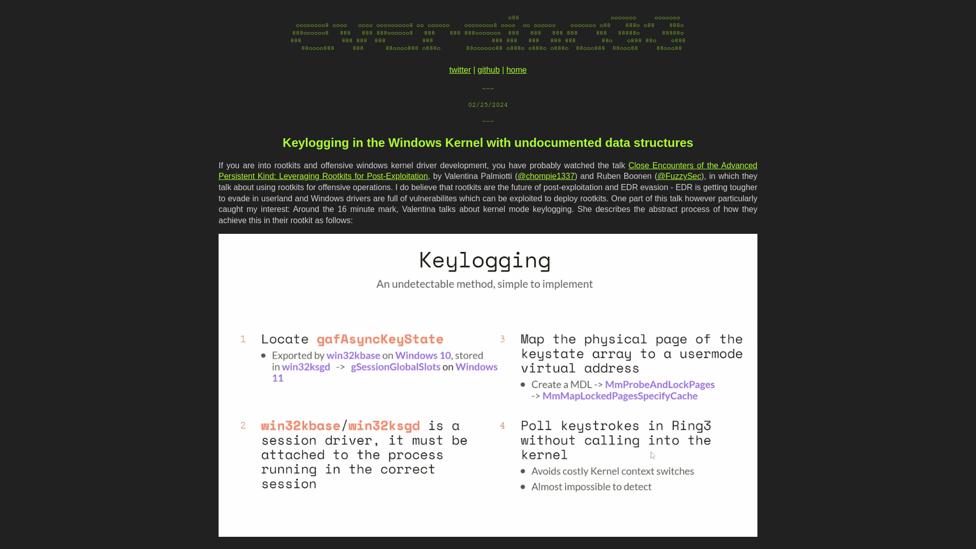 Keylogging in the Windows Kernel with undocumented data structures