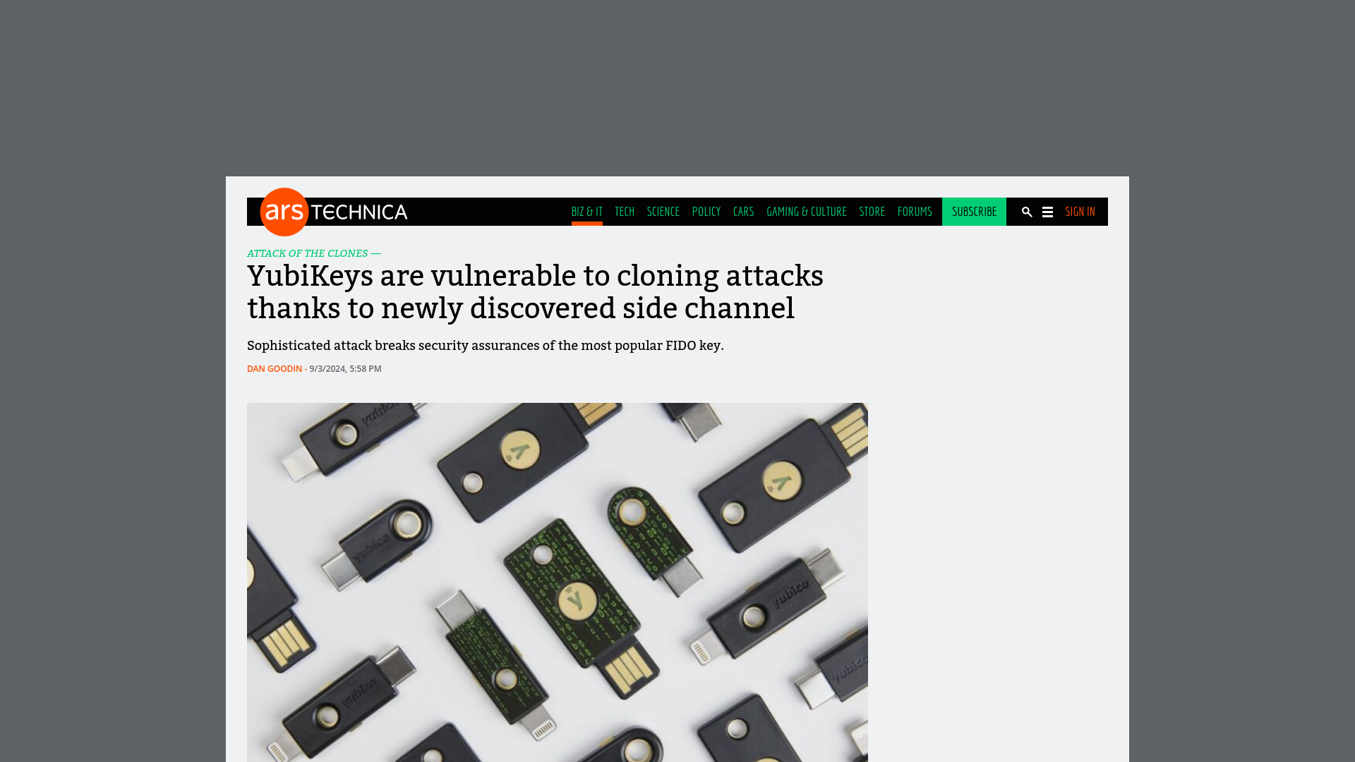 YubiKeys are vulnerable to cloning attacks thanks to newly discovered side channel | Ars Technica