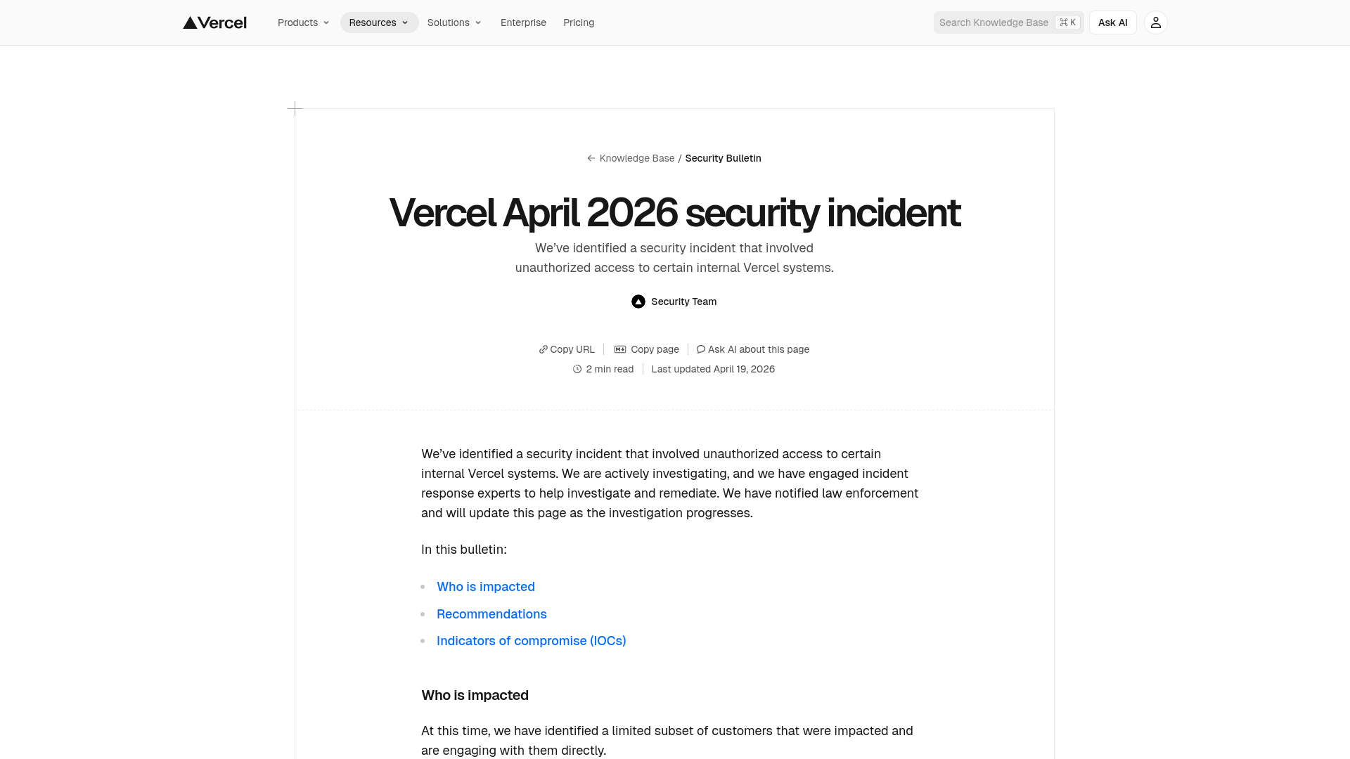 Vercel April 2026 security incident | Vercel Knowledge Base