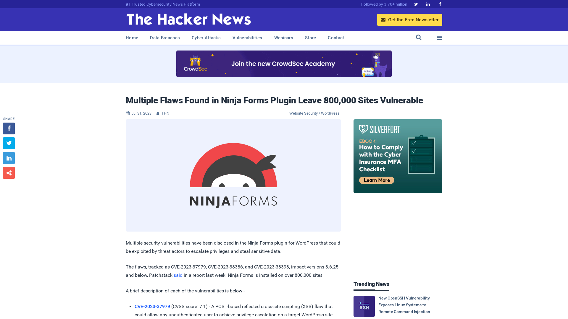 Multiple Flaws Found in Ninja Forms Plugin Leave 800,000 Sites Vulnerable