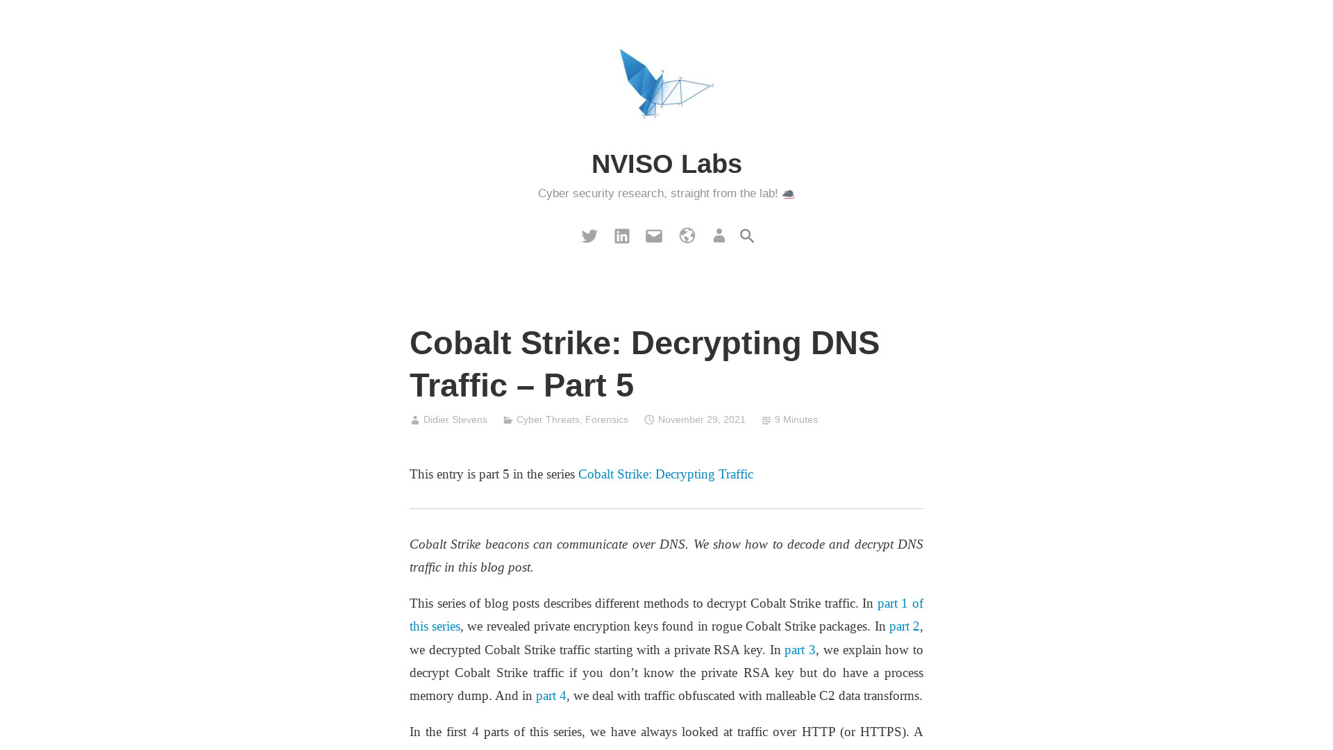 Cobalt Strike: Decrypting DNS Traffic – Part 5 – NVISO Labs