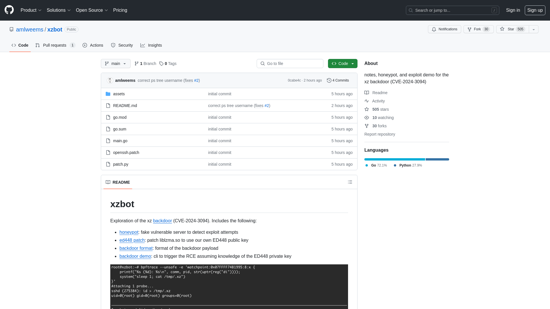 GitHub - amlweems/xzbot: notes, honeypot, and exploit demo for the xz backdoor (CVE-2024-3094)