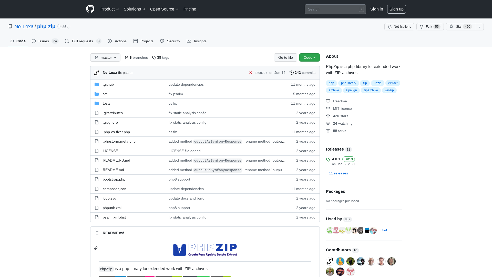 GitHub - Ne-Lexa/php-zip: PhpZip is a php-library for extended work with ZIP-archives.