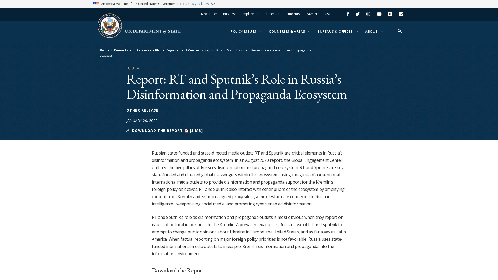 Report: RT and Sputnik's Role in Russia's Disinformation and Propaganda Ecosystem - United States Department of State
