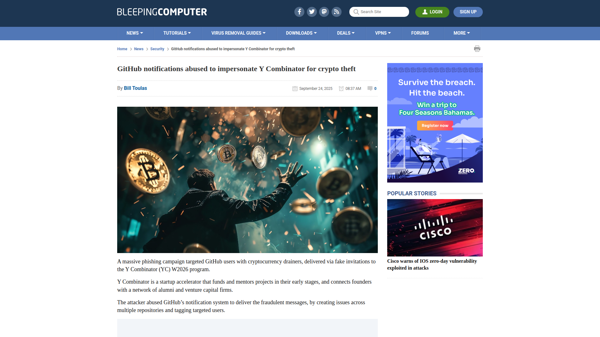 GitHub notifications abused to impersonate Y Combinator for crypto theft