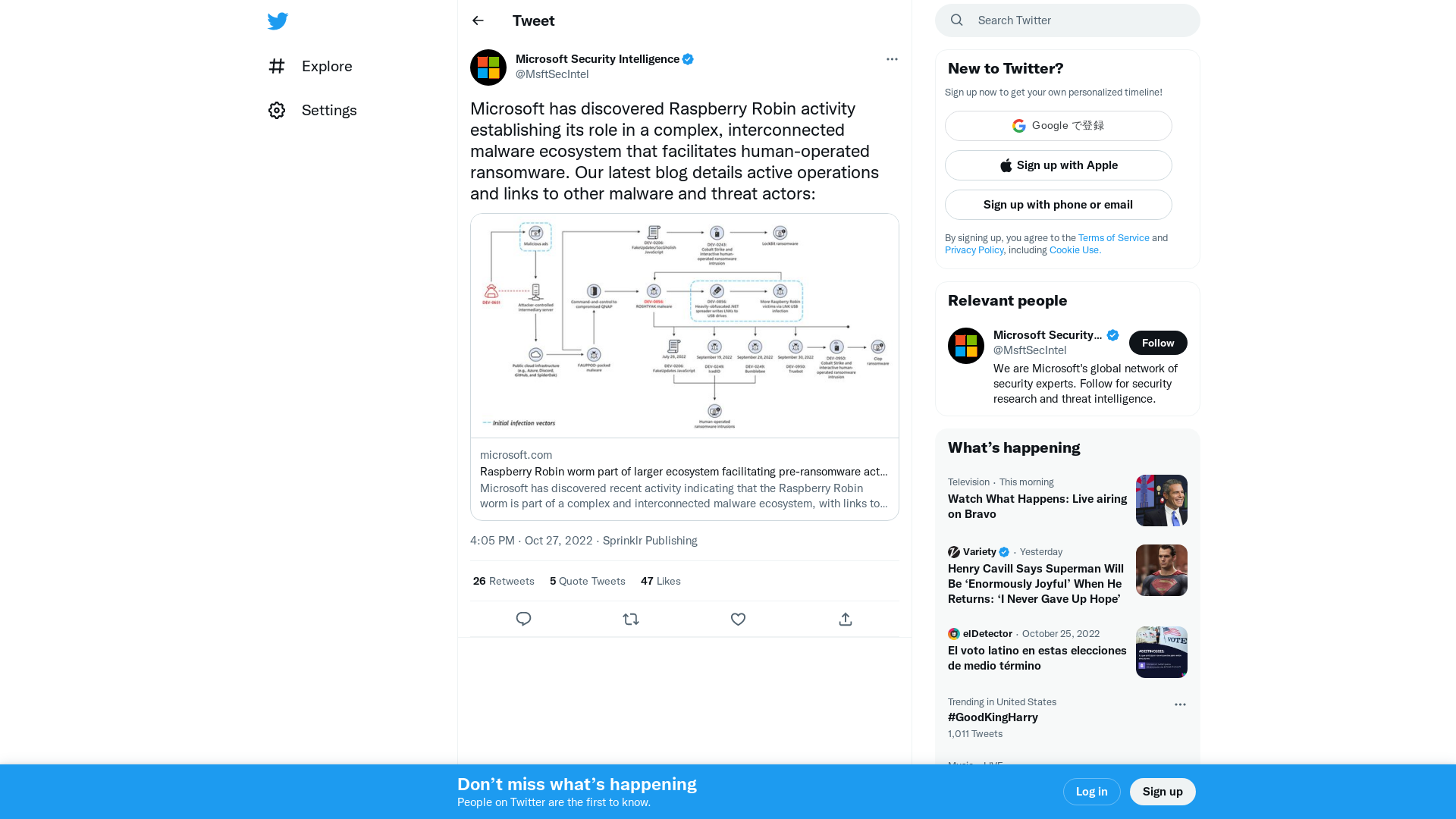 Microsoft Security Intelligence on Twitter: "Microsoft has discovered Raspberry Robin activity establishing its role in a complex, interconnected malware ecosystem that facilitates human-operated ransomware. Our latest blog details active operations and links to other malware and threat actors: https://t.co/Wm5nH3UQp9" / Twitter