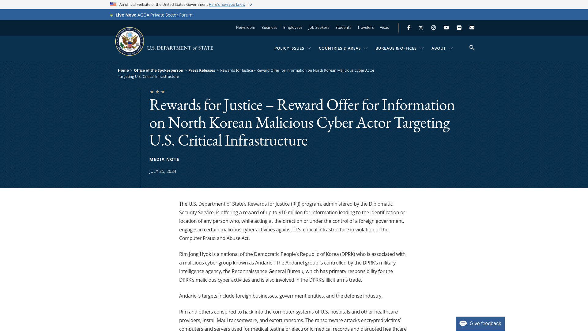 Rewards for Justice – Reward Offer for Information on North Korean Malicious Cyber Actor Targeting U.S. Critical Infrastructure - United States Department of State