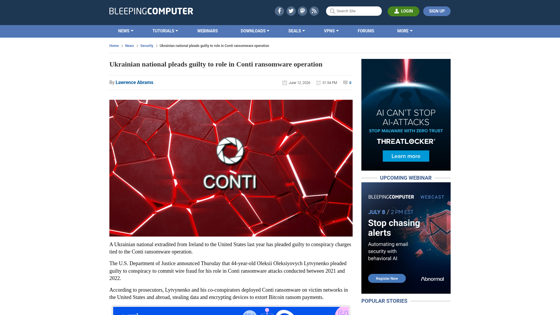 Ukrainian national pleads guilty to role in Conti ransomware operation