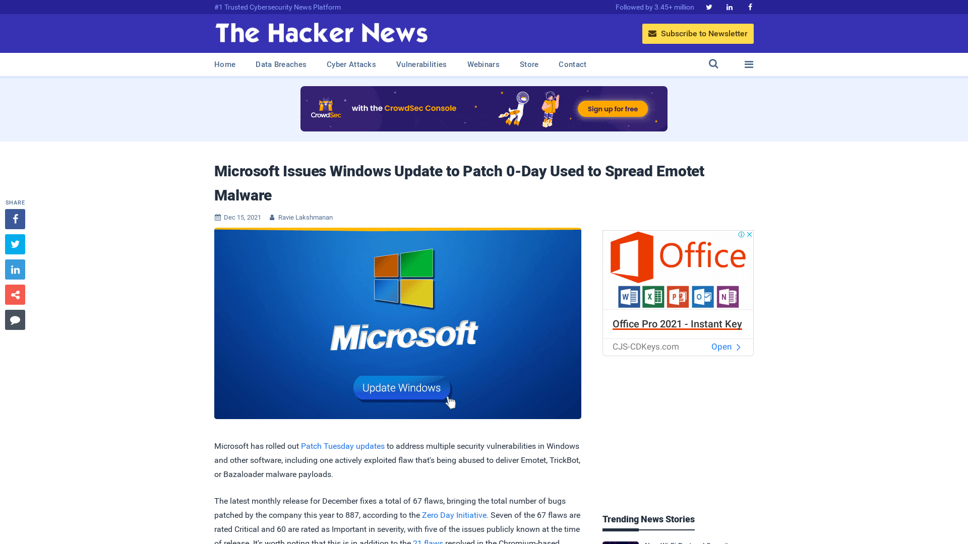 Microsoft Issues Windows Update to Patch 0-Day Used to Spread Emotet Malware