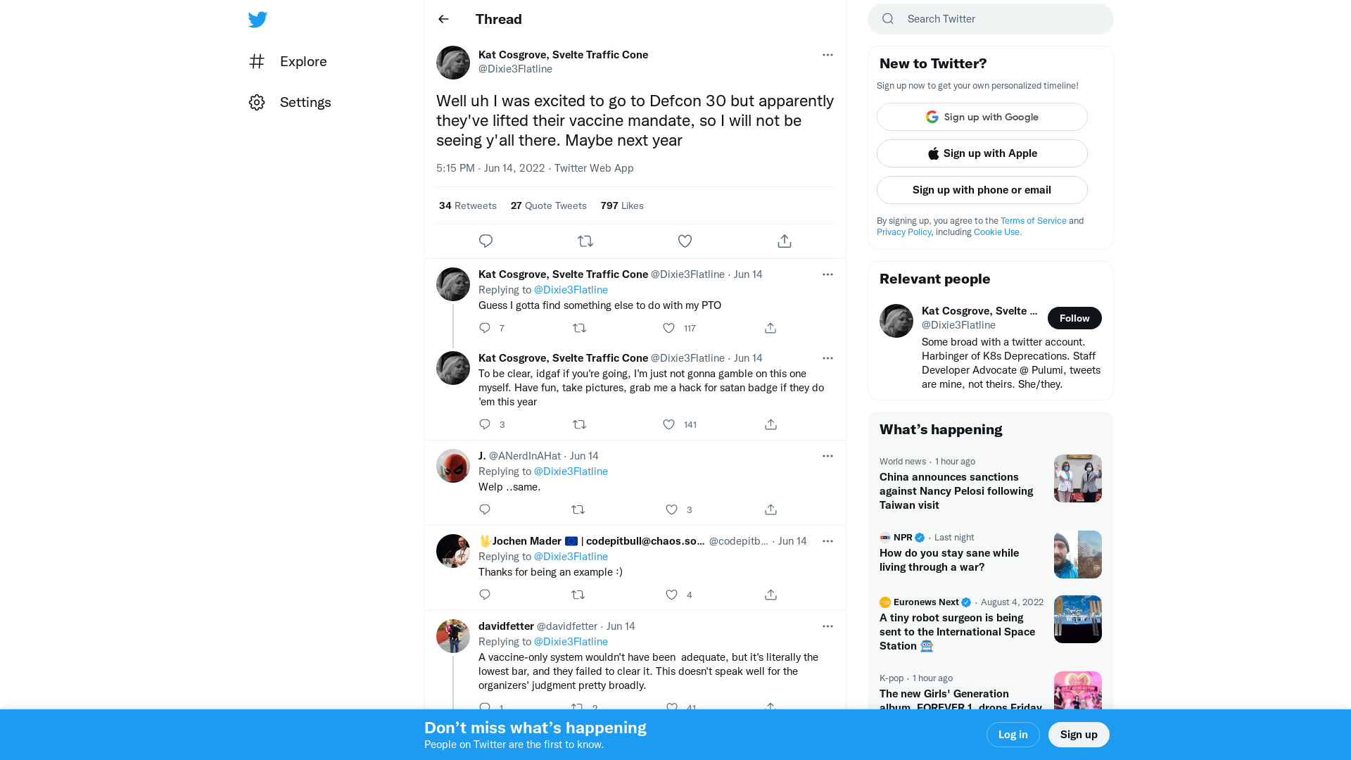 Kat Cosgrove, Svelte Traffic Cone on Twitter: "Well uh I was excited to go to Defcon 30 but apparently they've lifted their vaccine mandate, so I will not be seeing y'all there. Maybe next year" / Twitter