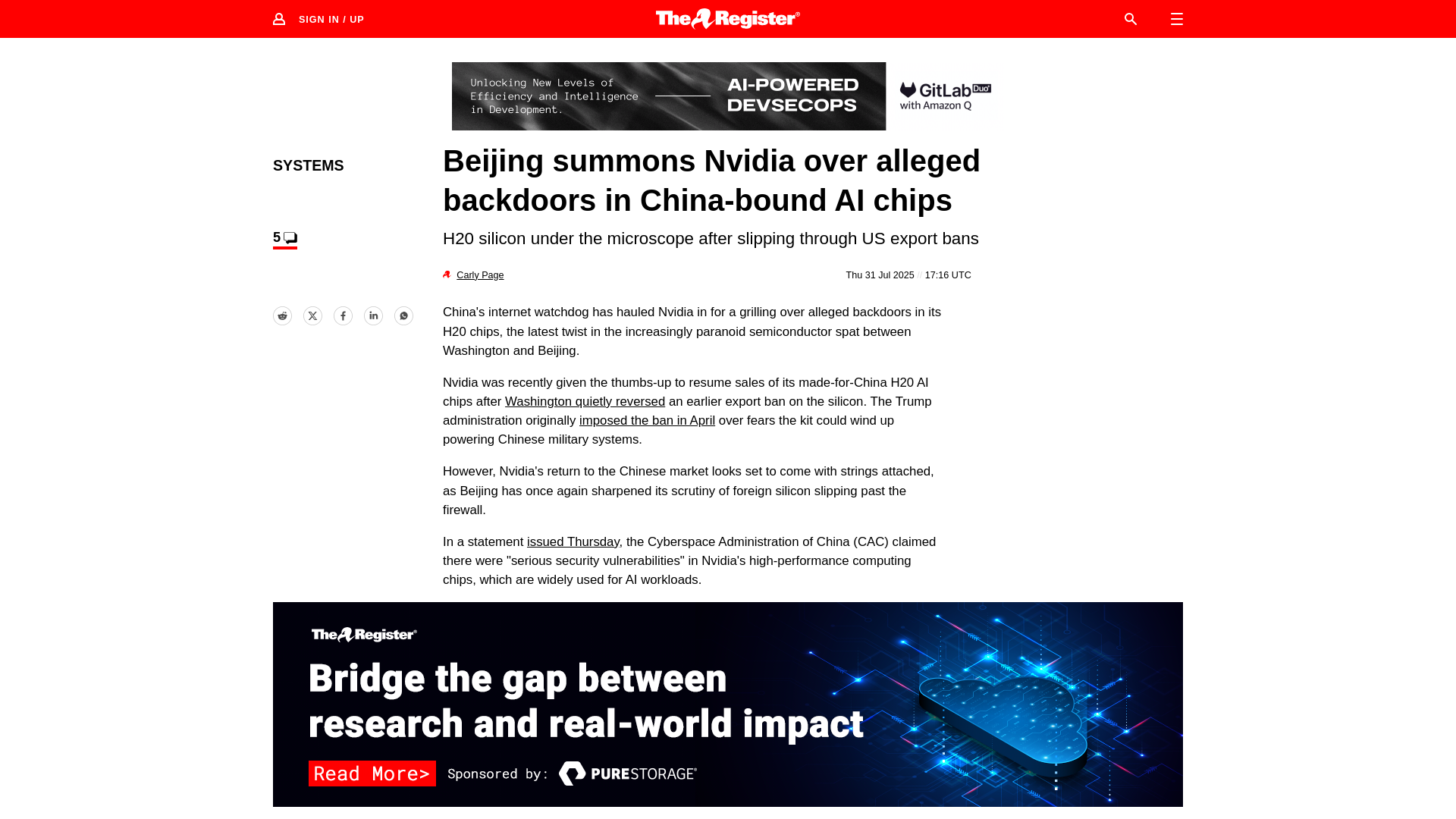 Beijing asks Nvidia about backdoors in China-bound AI chips • The Register