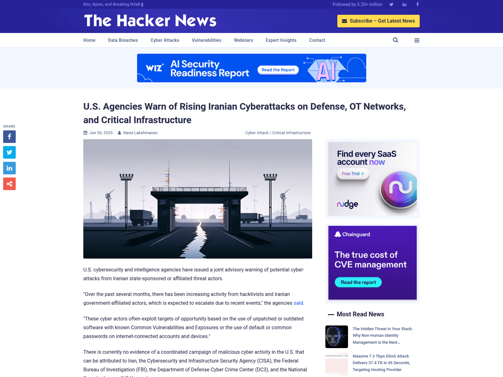 U.S. Agencies Warn of Rising Iranian Cyberattacks on Defense, OT Networks, and Critical Infrastructure
