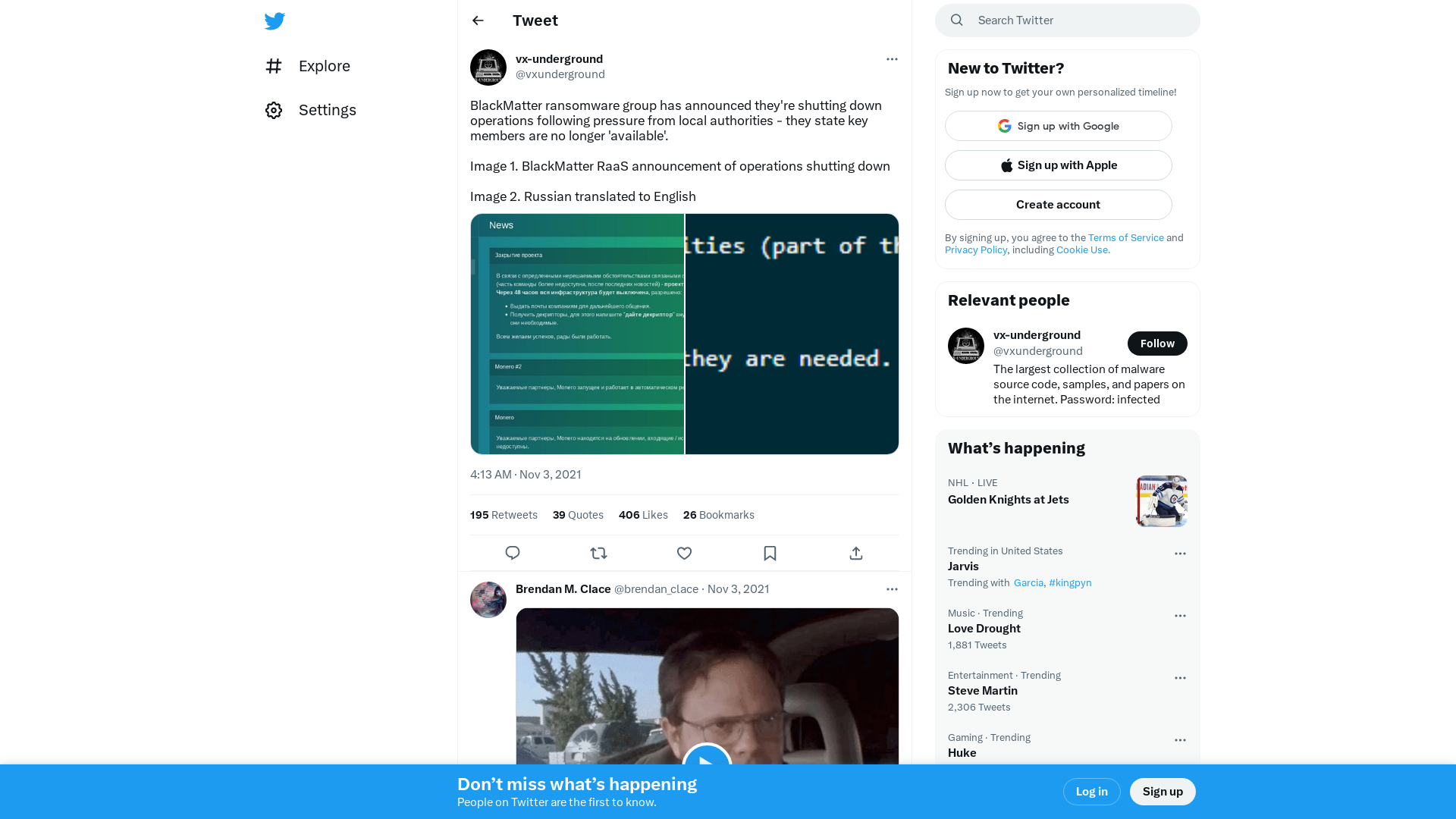 vx-underground on Twitter: "BlackMatter ransomware group has announced they're shutting down operations following pressure from local authorities - they state key members are no longer 'available'. Image 1. BlackMatter RaaS announcement of operations shutting down Image 2. Russian translated to English https://t.co/E4RWWAX7Hg" / Twitter
