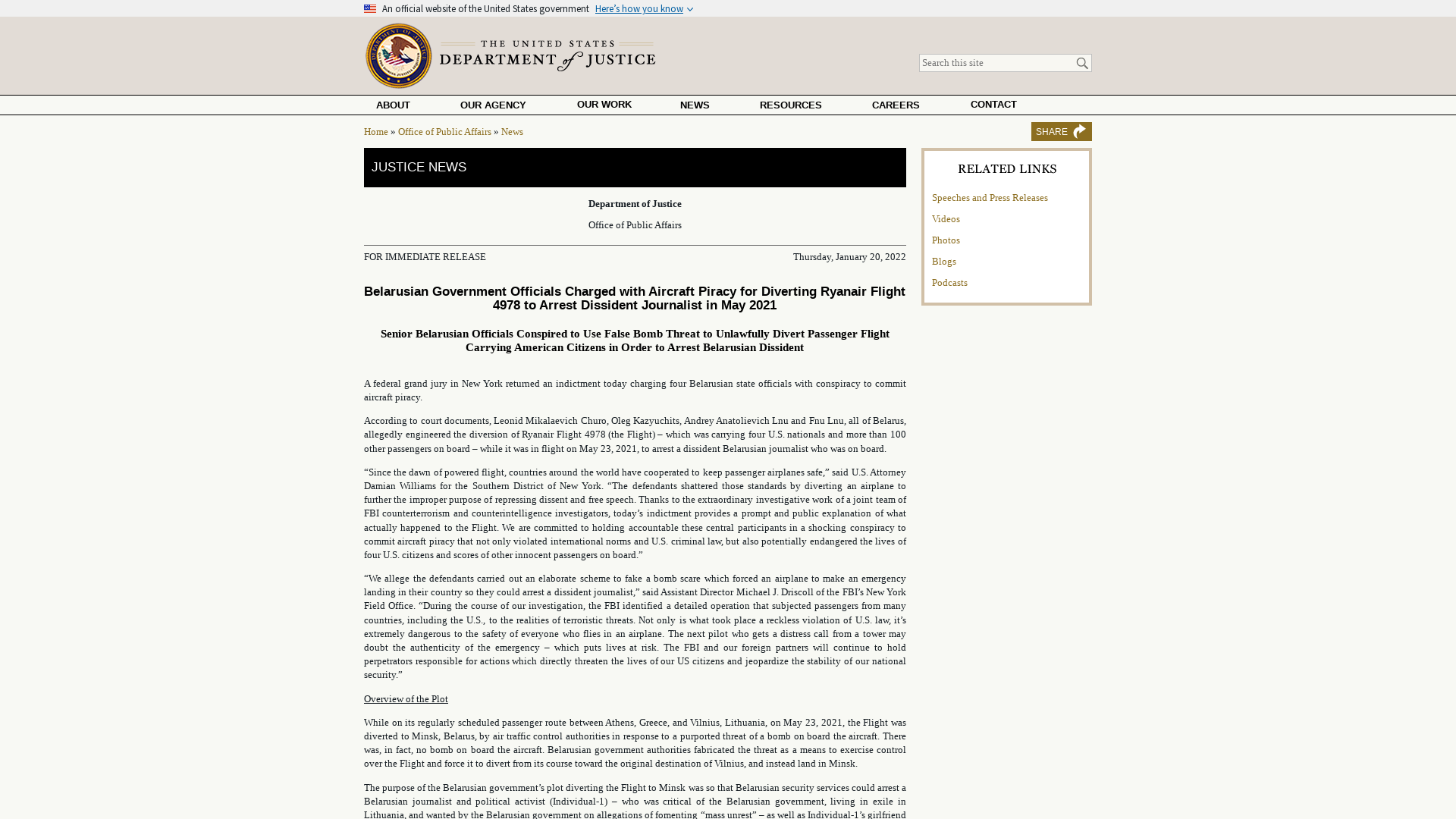 Belarusian Government Officials Charged with Aircraft Piracy for Diverting Ryanair Flight 4978 to Arrest Dissident Journalist in May 2021 | OPA | Department of Justice