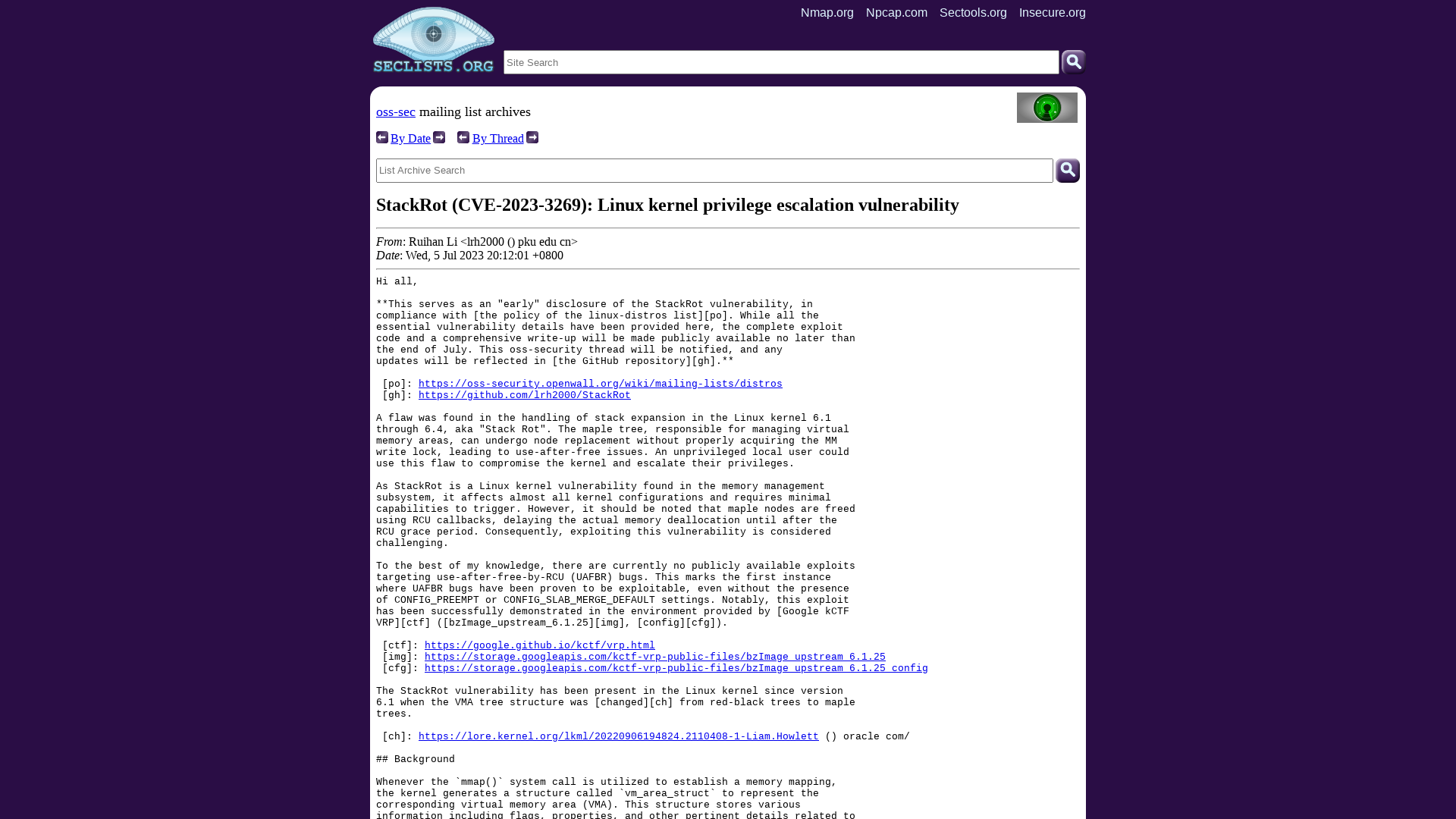 oss-sec: StackRot (CVE-2023-3269): Linux kernel privilege escalation vulnerability