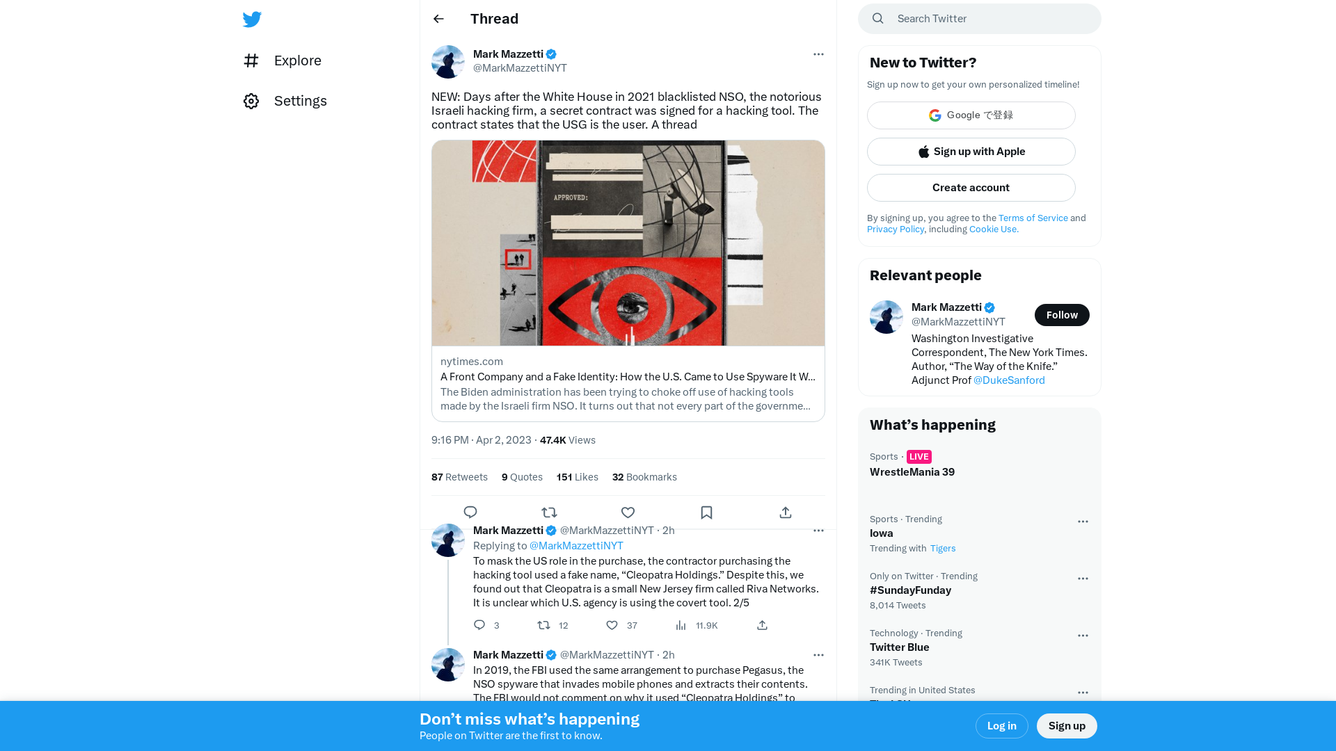 Mark Mazzetti on Twitter: "NEW: Days after the White House in 2021 blacklisted NSO, the notorious Israeli hacking firm, a secret contract was signed for a hacking tool. The contract states that the USG is the user. A thread https://t.co/i2PSUXq3NJ" / Twitter
