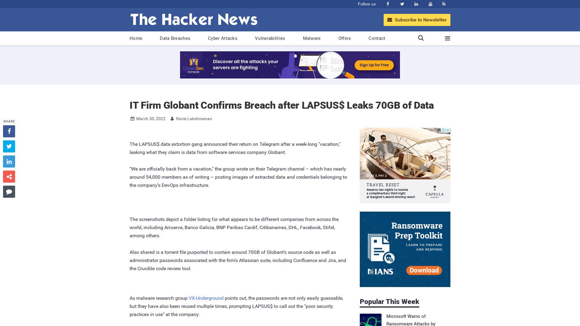 IT Firm Globant Confirms Breach after LAPSUS$ Leaks 70GB of Data