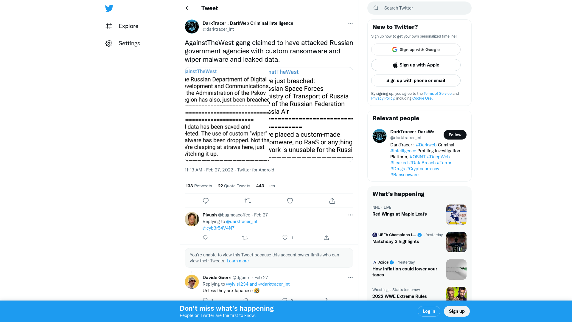 DarkTracer : DarkWeb Criminal Intelligence on Twitter: "AgainstTheWest gang claimed to have attacked Russian government agencies with custom ransomware and wiper malware and leaked data. https://t.co/kw7spPPEcU" / Twitter