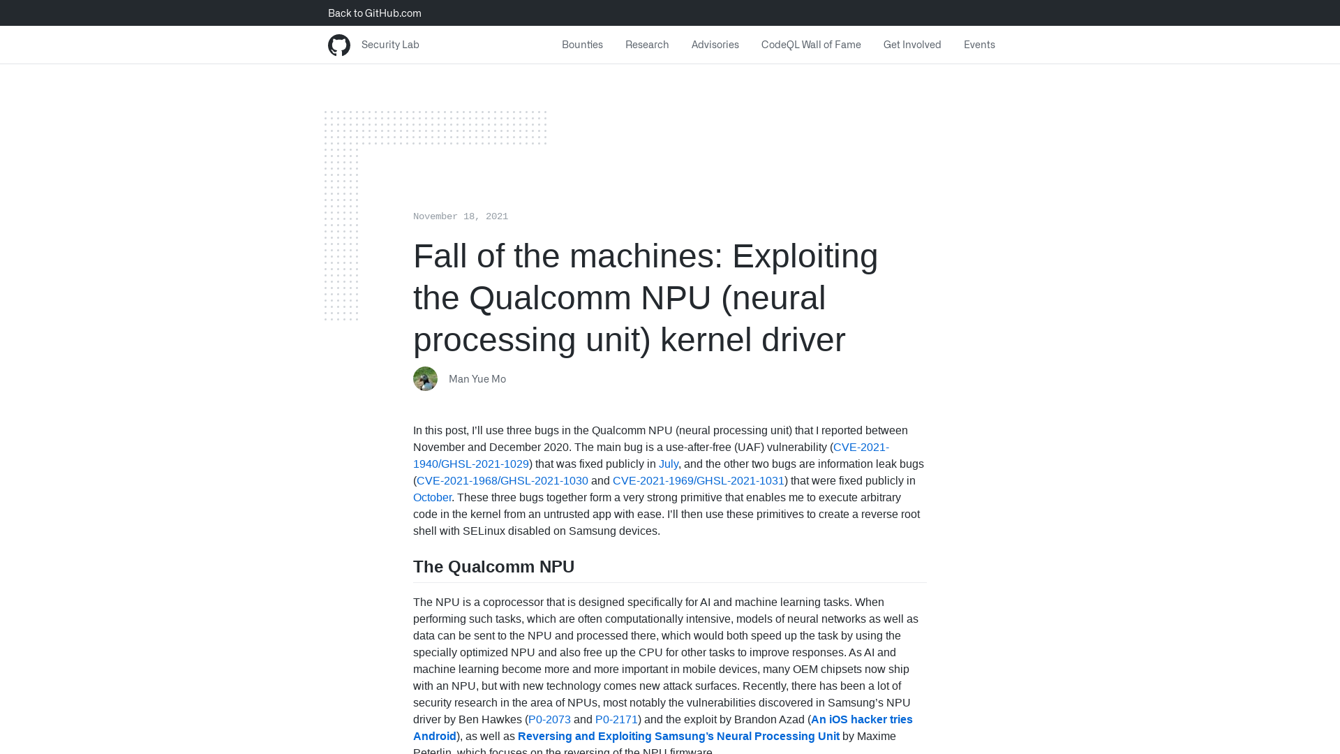 Fall of the machines: Exploiting the Qualcomm NPU (neural processing unit) kernel driver | GitHub Security Lab