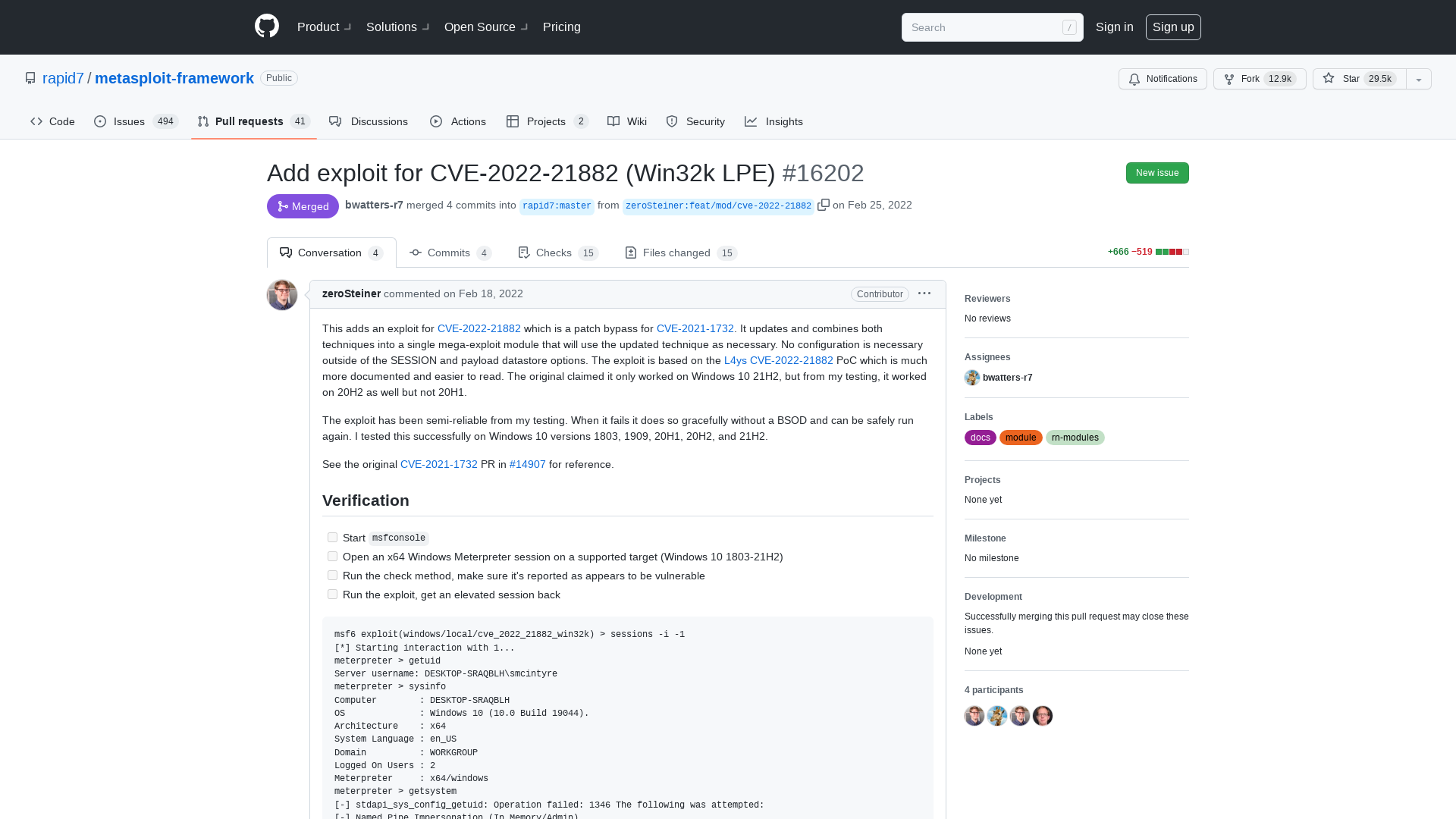 Add exploit for CVE-2022-21882 (Win32k LPE) by zeroSteiner · Pull Request #16202 · rapid7/metasploit-framework · GitHub