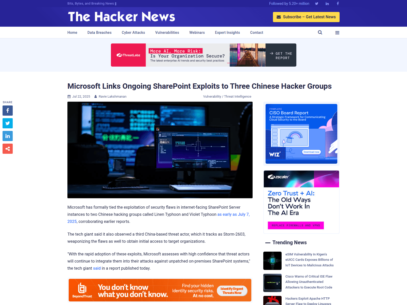 Microsoft Links Ongoing SharePoint Exploits to Three Chinese Hacker Groups