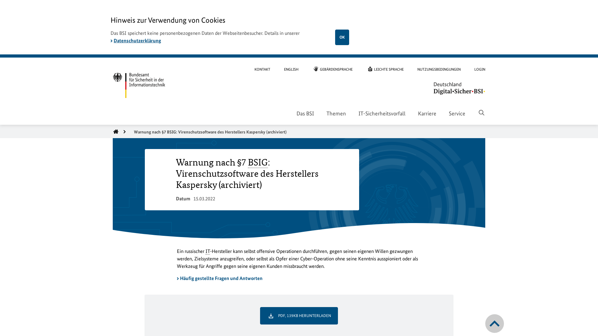 BSI - Bundesamt für Sicherheit in der Informationstechnik - Warnung nach §7 BSIG: Virenschutzsoftware des Herstellers Kaspersky (archiviert)