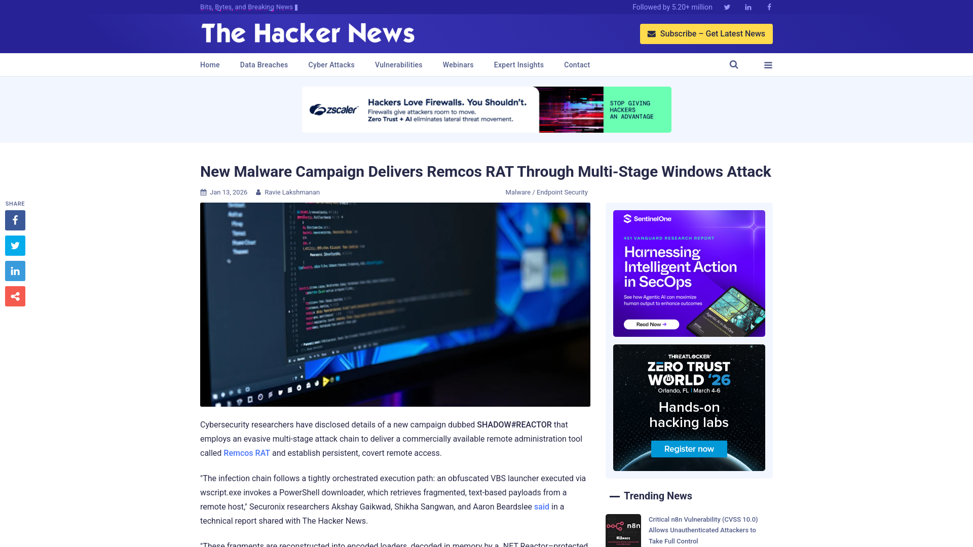 New Malware Campaign Delivers Remcos RAT Through Multi-Stage Windows Attack