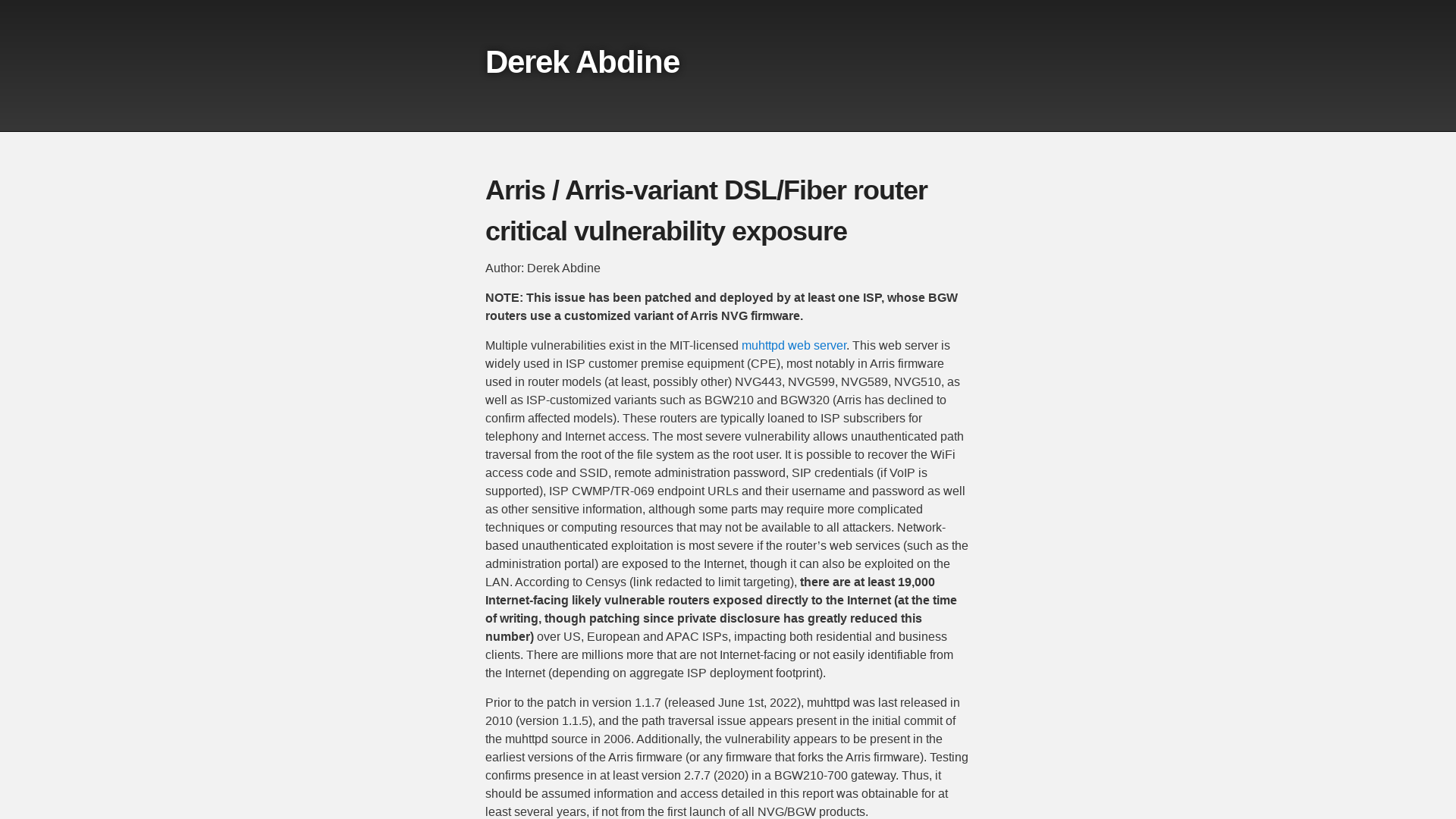 Arris / Arris-variant DSL/Fiber router critical vulnerability exposure | Derek Abdine