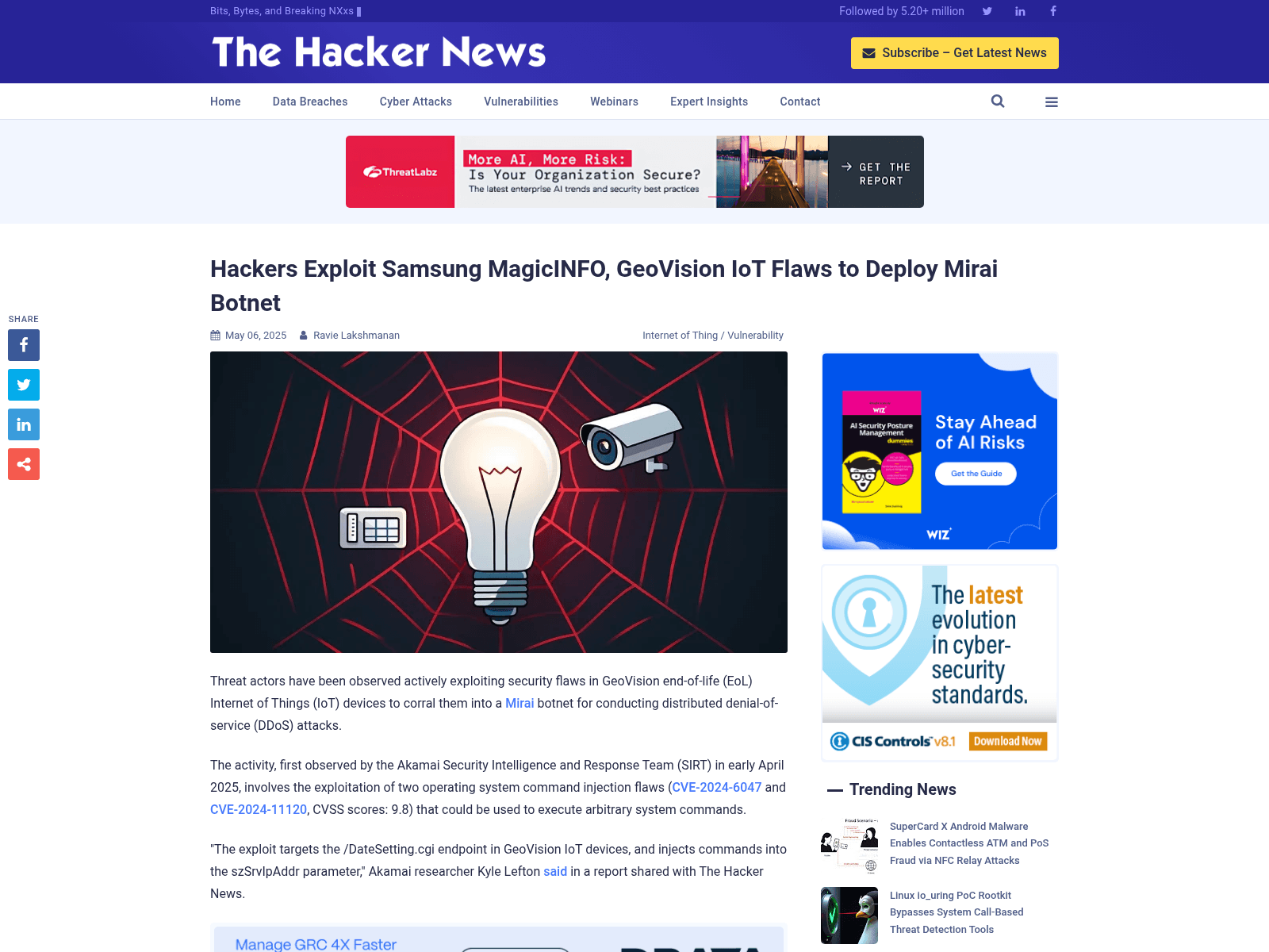 Hackers Exploit Samsung MagicINFO, GeoVision IoT Flaws to Deploy Mirai Botnet