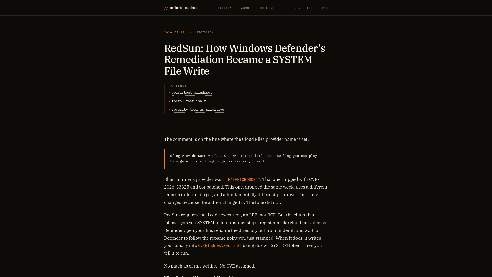 RedSun: How Windows Defender's Remediation Became a SYSTEM File Write · nefariousplan.com
