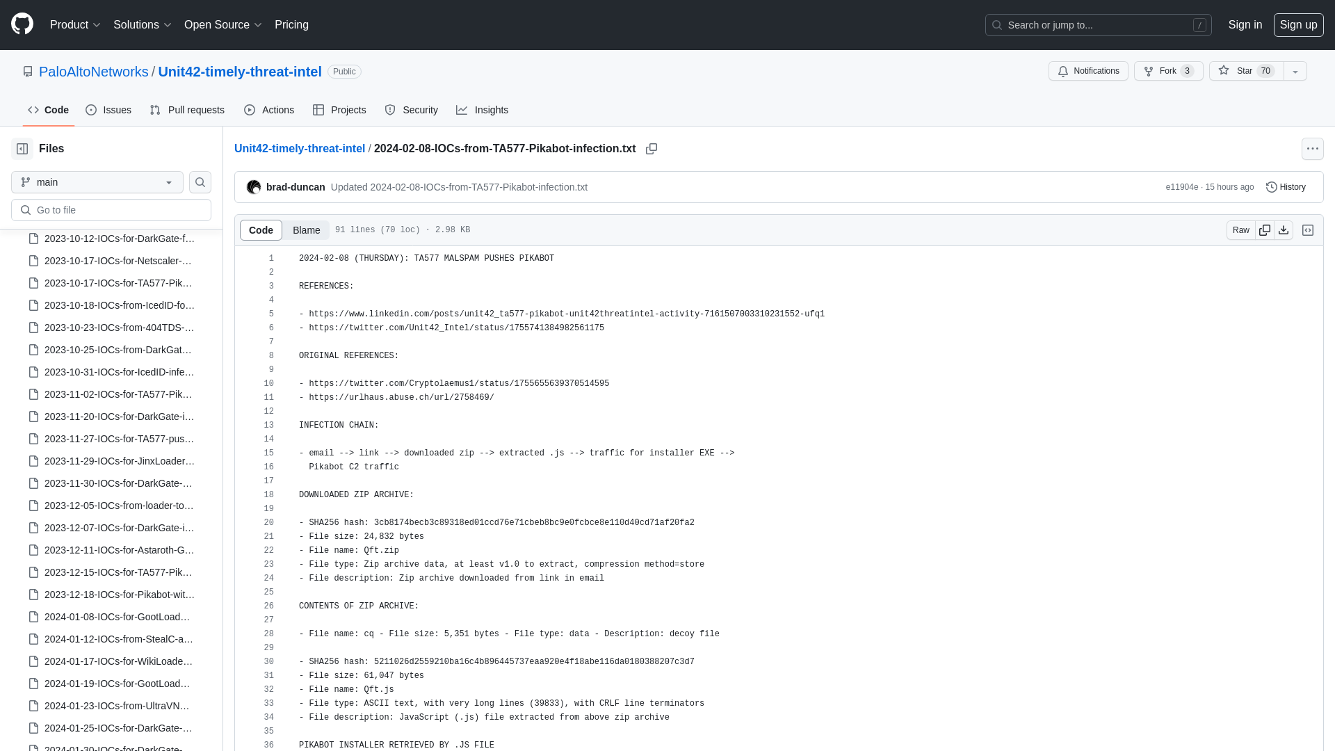 Unit42-timely-threat-intel/2024-02-08-IOCs-from-TA577-Pikabot-infection.txt at main · PaloAltoNetworks/Unit42-timely-threat-intel · GitHub