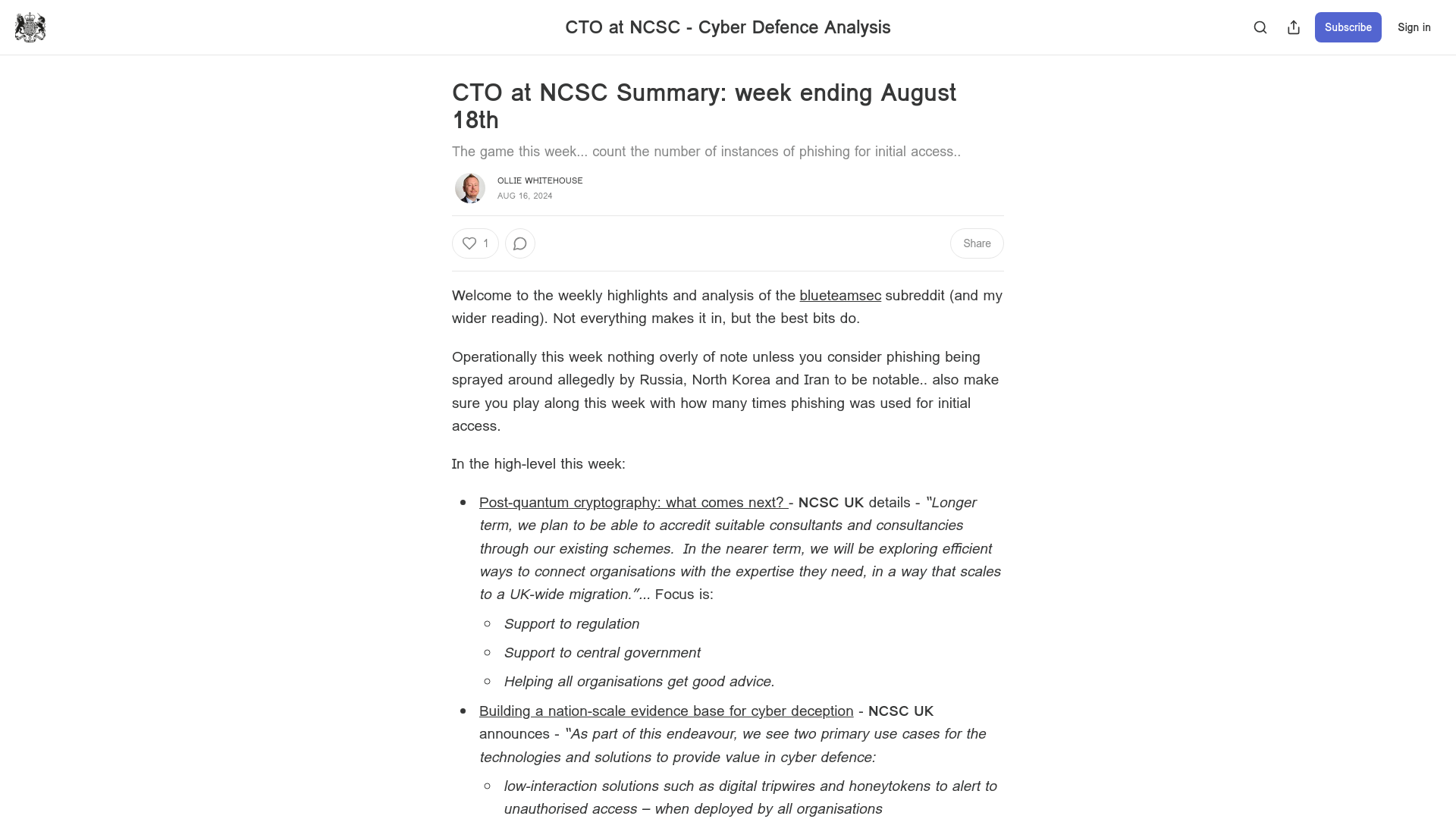 CTO at NCSC Summary: week ending August 18th