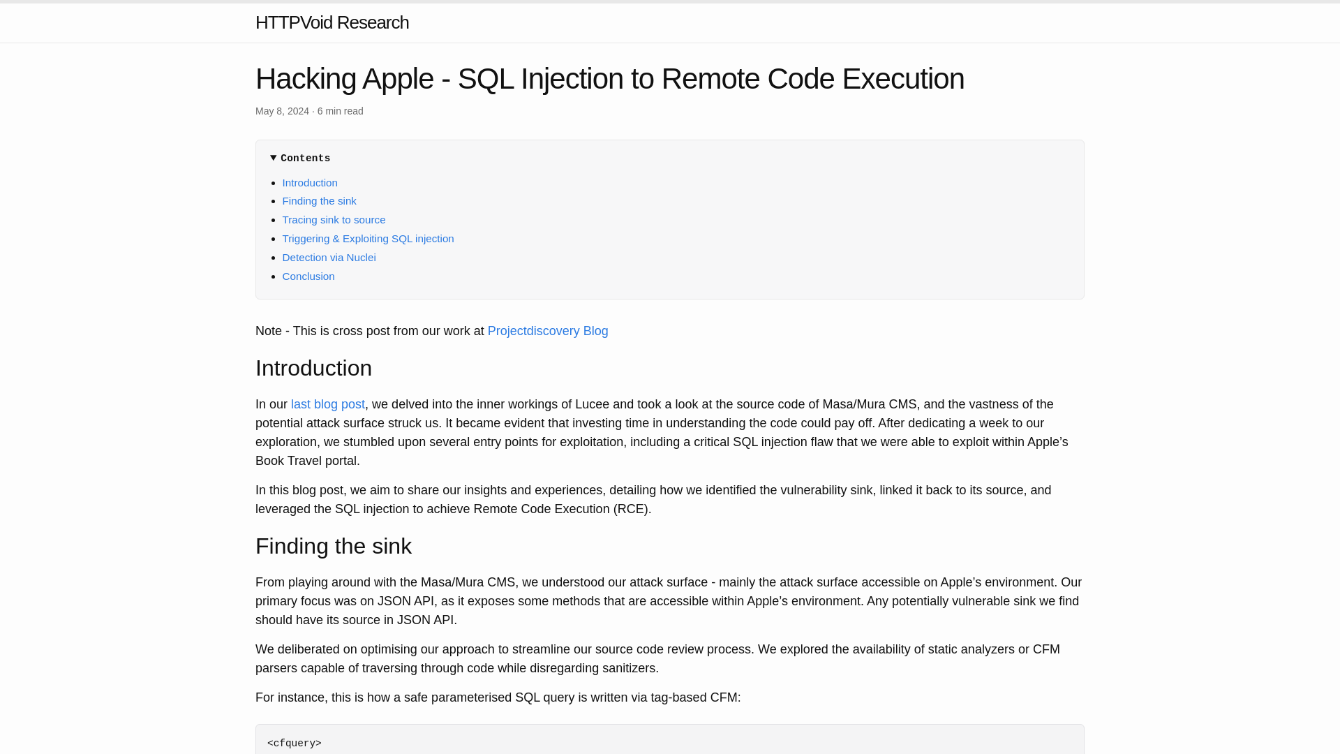 Hacking Apple - SQL Injection to Remote Code Execution | HTTPVoid Research