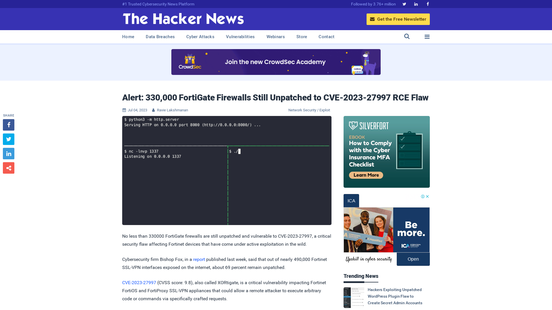 Alert: 330,000 FortiGate Firewalls Still Unpatched to CVE-2023-27997 RCE Flaw