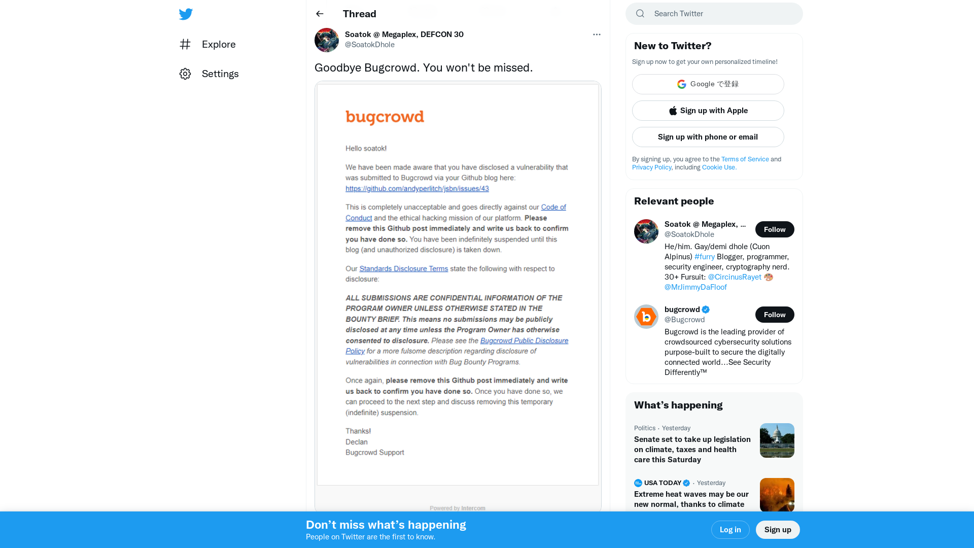 Soatok @ Megaplex, DEFCON 30 on Twitter: "@Bugcrowd Goodbye Bugcrowd. You won't be missed. https://t.co/uuAWEmDTWl" / Twitter