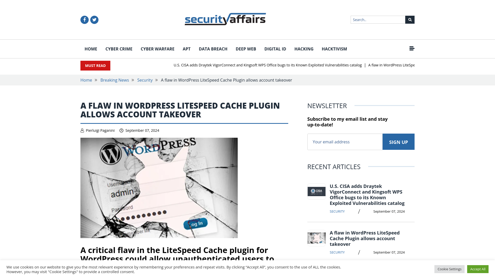 A flaw in WordPress LiteSpeed Cache Plugin allows account takeover