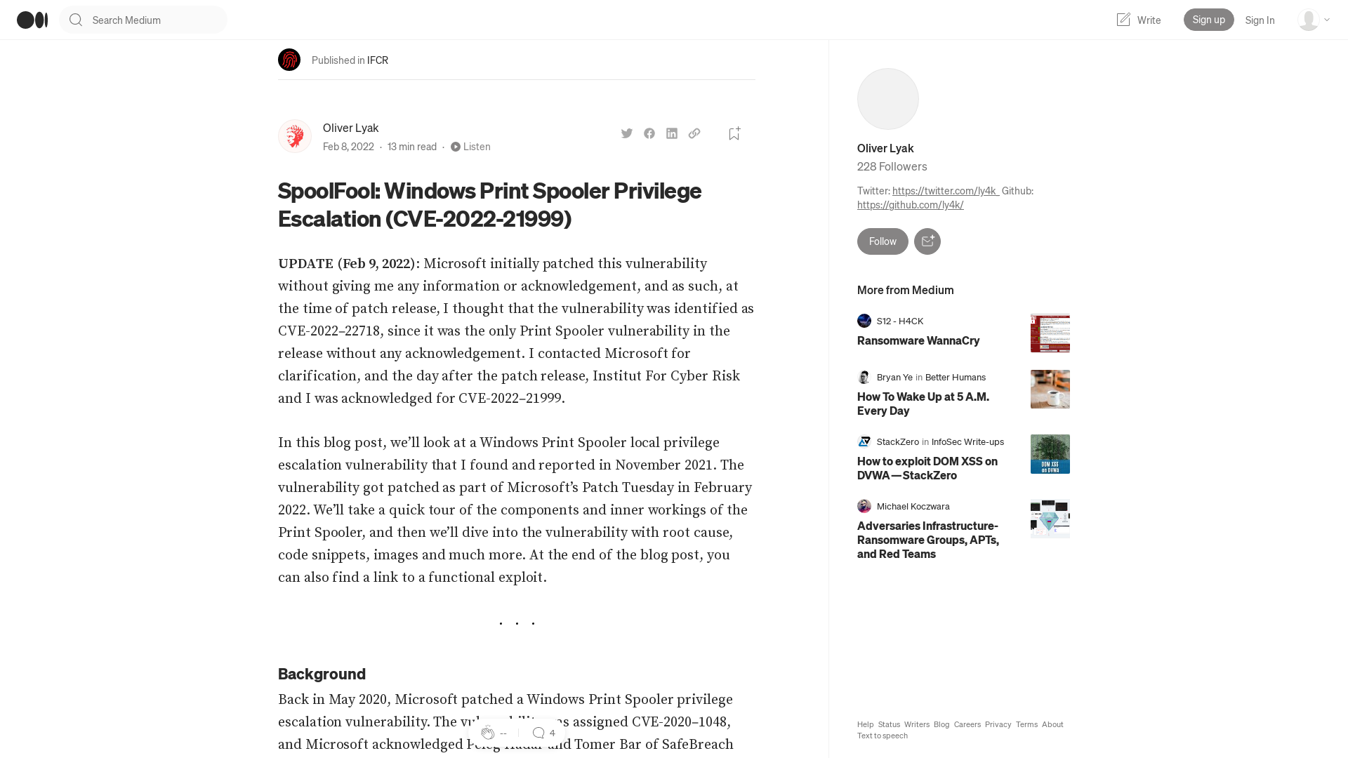 SpoolFool: Windows Print Spooler Privilege Escalation (CVE-2022-21999) | by Oliver Lyak | Feb, 2022 | IFCR