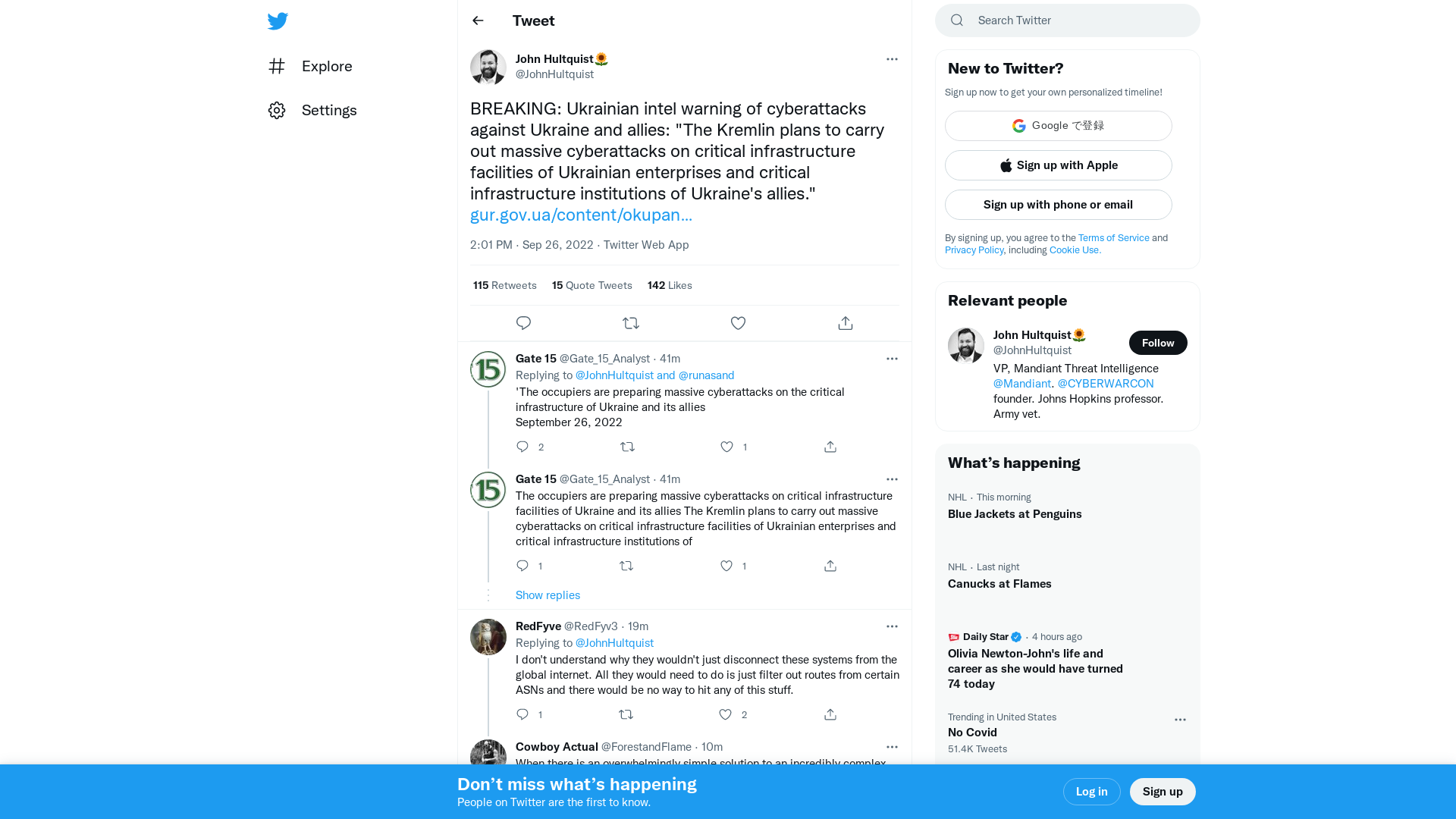 John Hultquist🌻 on Twitter: "BREAKING: Ukrainian intel warning of cyberattacks against Ukraine and allies: "The Kremlin plans to carry out massive cyberattacks on critical infrastructure facilities of Ukrainian enterprises and critical infrastructure institutions of Ukraine's allies." https://t.co/XiQpnThv6d" / Twitter