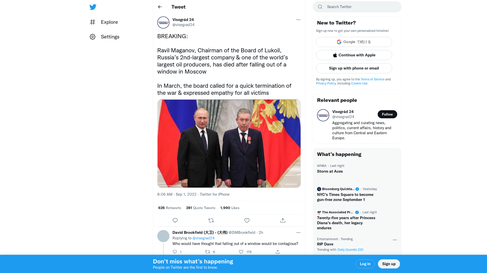 Visegrád 24 on Twitter: "BREAKING: Ravil Maganov, Chairman of the Board of Lukoil, Russia’s 2nd-largest company &amp; one of the world’s largest oil producers, has died after falling out of a window in Moscow In March, the board called for a quick termination of the war &amp; expressed empathy for all victims https://t.co/vSnwvKFI8w" / Twitter