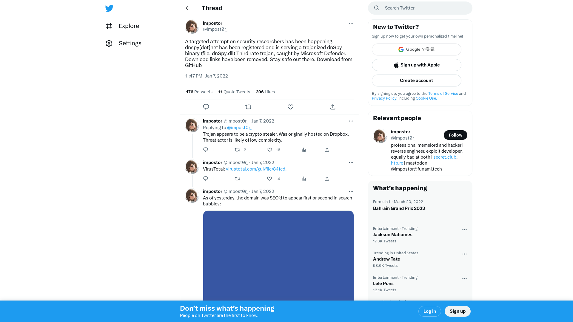 impostor on Twitter: "A targeted attempt on security researchers has been happening. dnspy[dot]net has been registered and is serving a trojanized dnSpy binary (file: dnSpy.dll) Third rate trojan, caught by Microsoft Defender. Download links have been removed. Stay safe out there. Download from GitHub" / Twitter